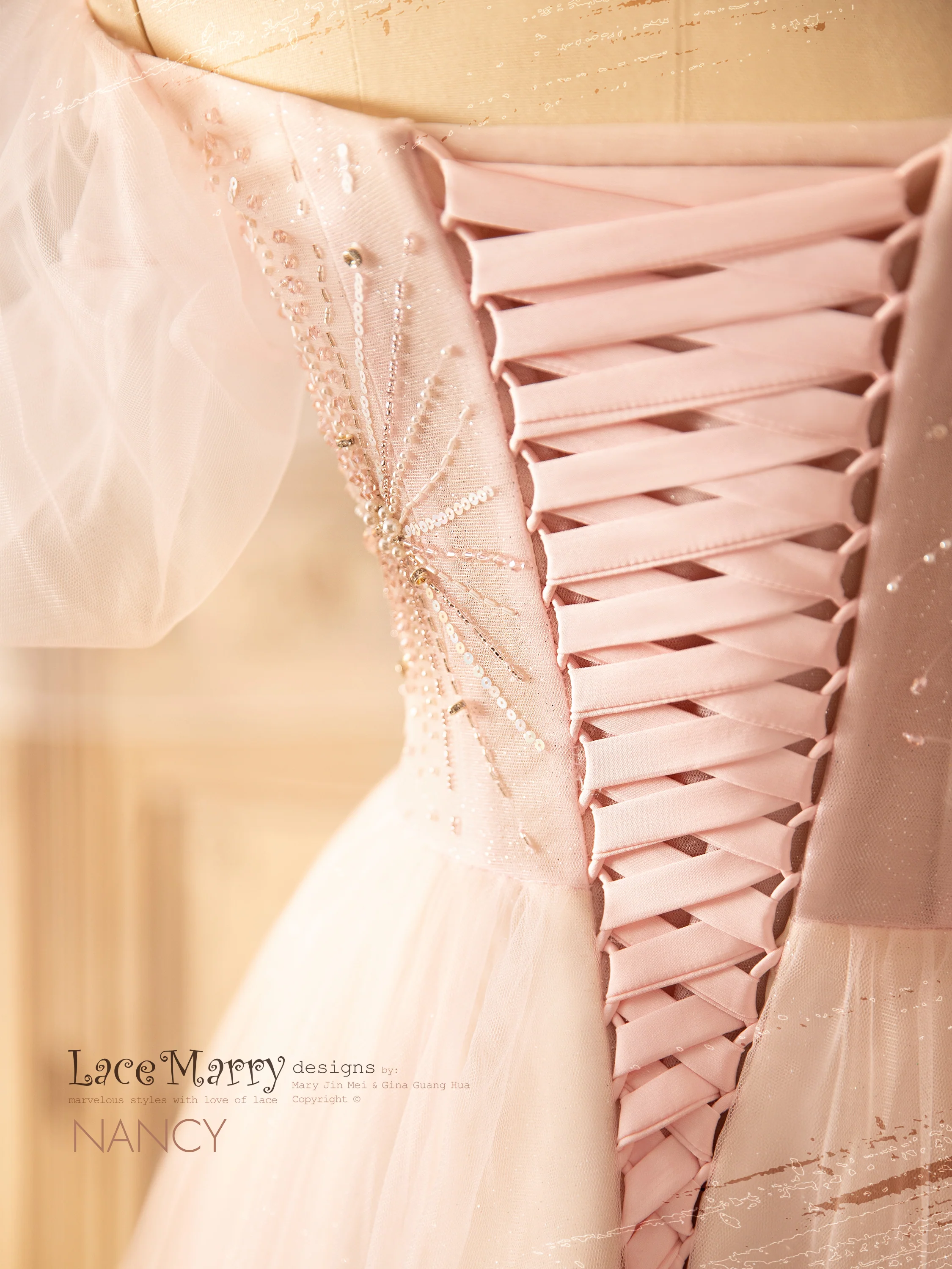 NANCY / Light Pink Wedding Dress with Off Shoulder Puff Sleeves - Image 6