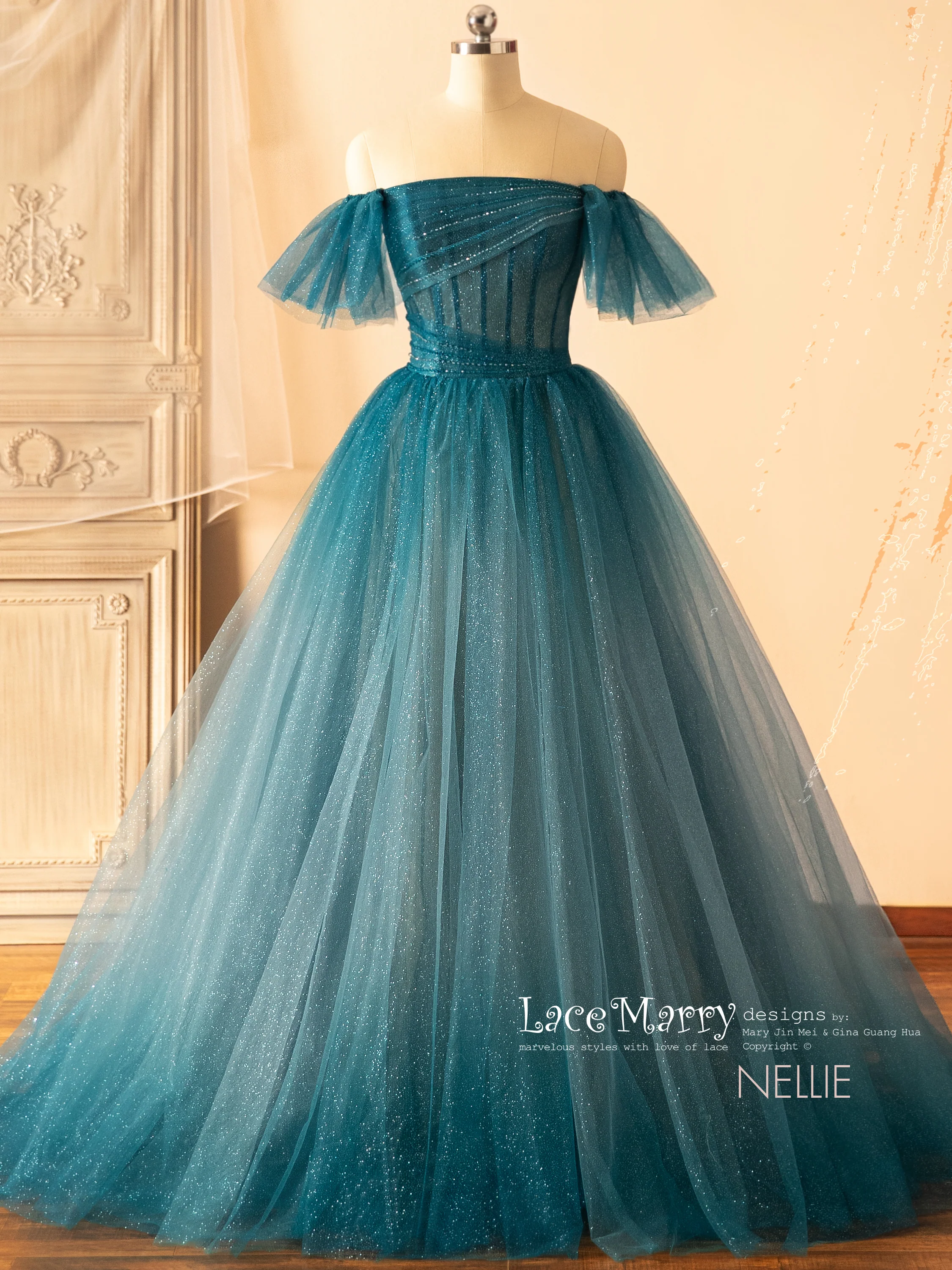 NELLIE / Dark Blue Ombre Prom Dress with Off Shoulder Straps - Image 3