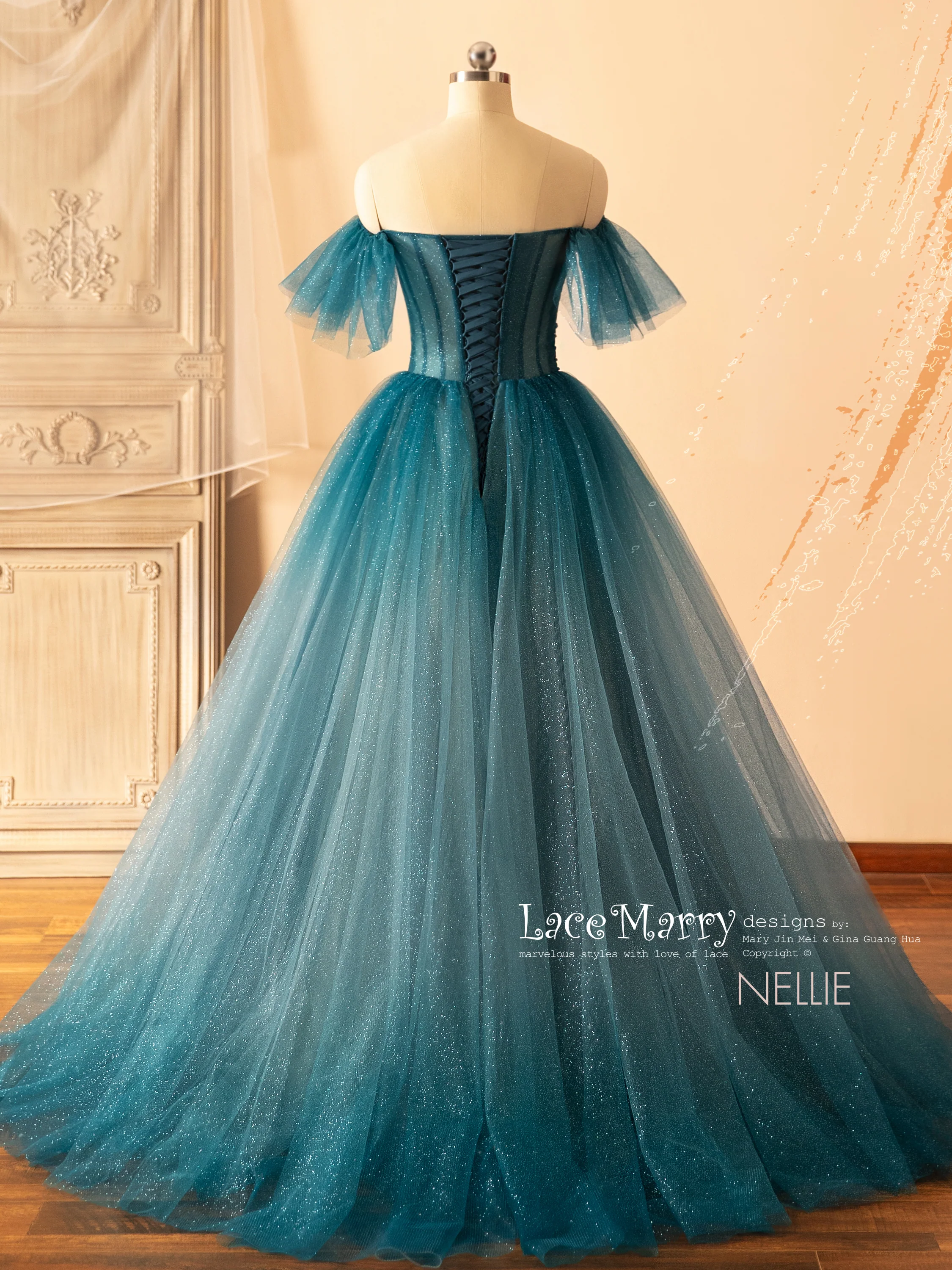 NELLIE / Dark Blue Ombre Prom Dress with Off Shoulder Straps - Image 5