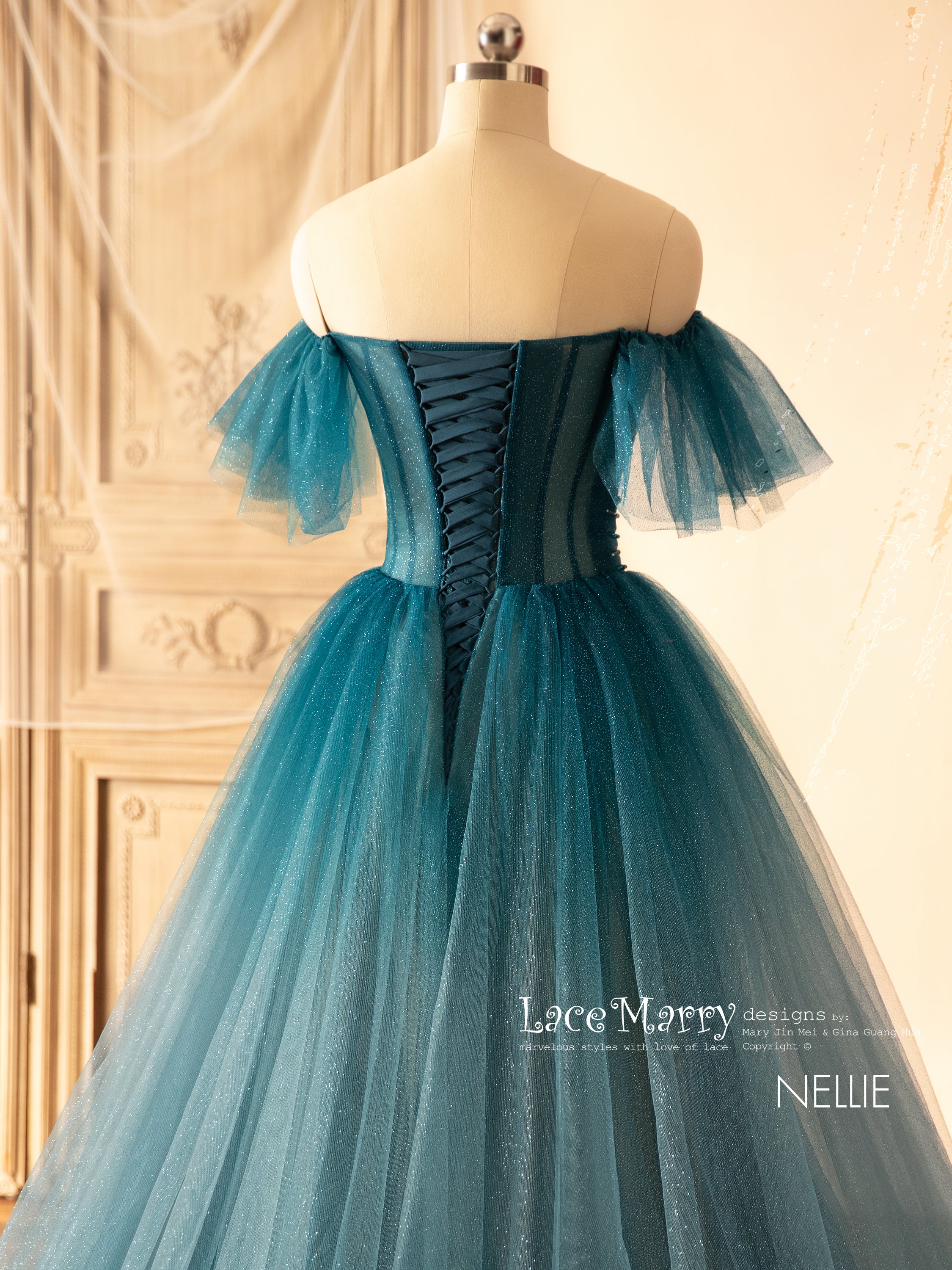 NELLIE / Dark Blue Ombre Prom Dress with Off Shoulder Straps - Image 7