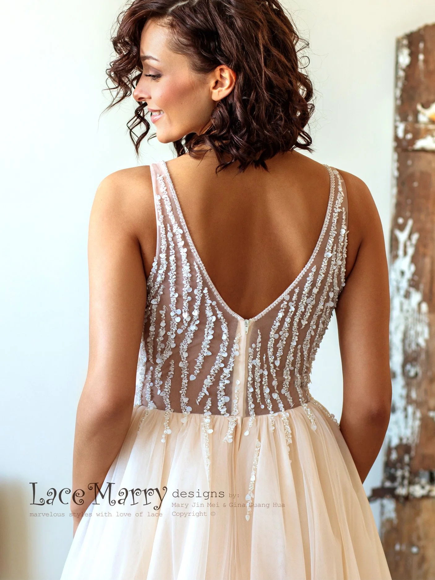 Nude Summer Wedding Dress with Beading - Image 7