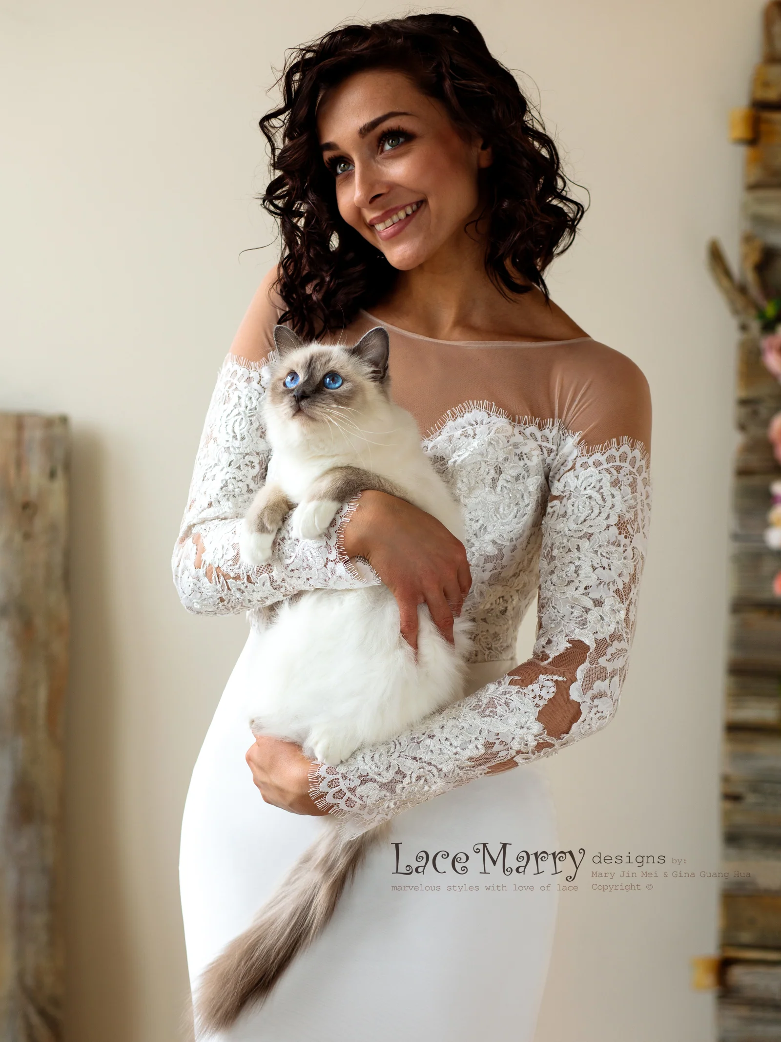 Off-Shoulder Lace Wedding Dress with Long Sleeves - Image 3