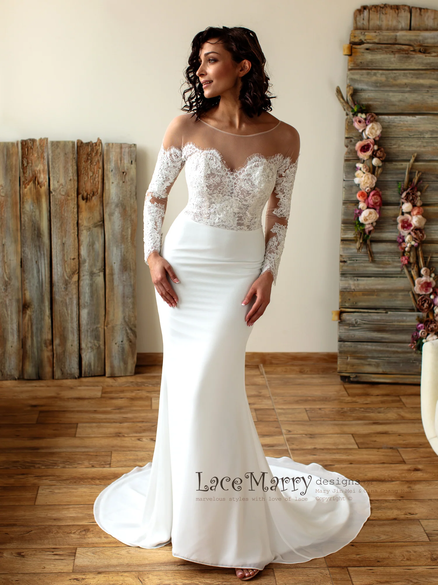 Off-Shoulder Lace Wedding Dress with Long Sleeves - Image 4
