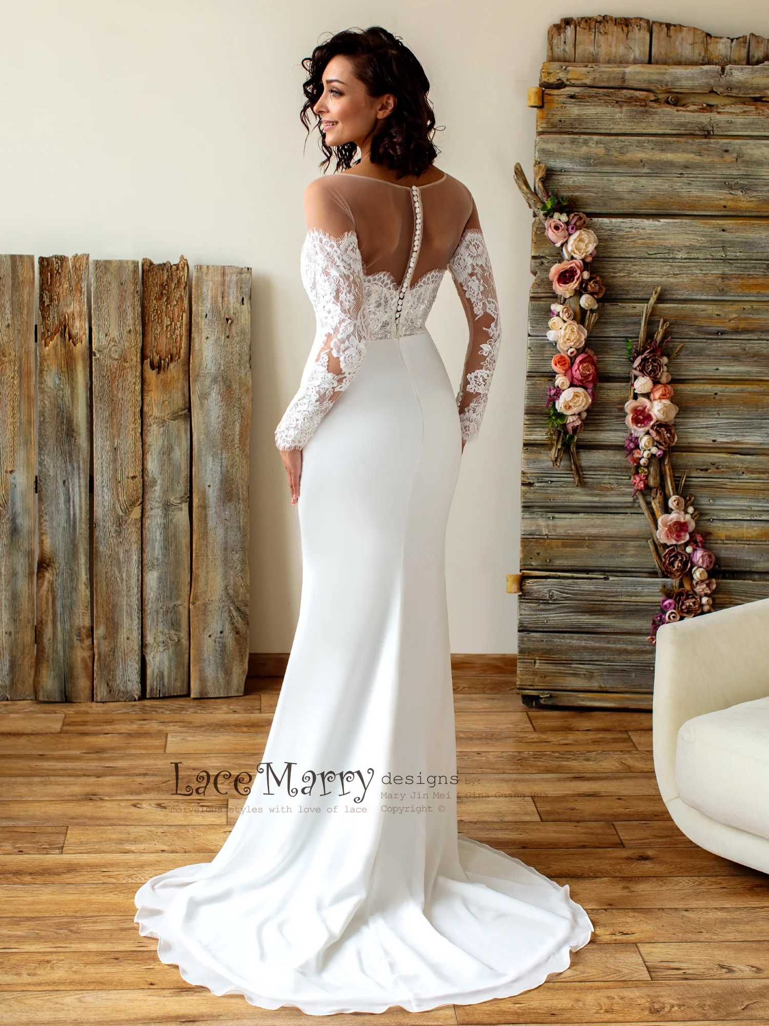 Off-Shoulder Lace Wedding Dress with Long Sleeves - Image 5