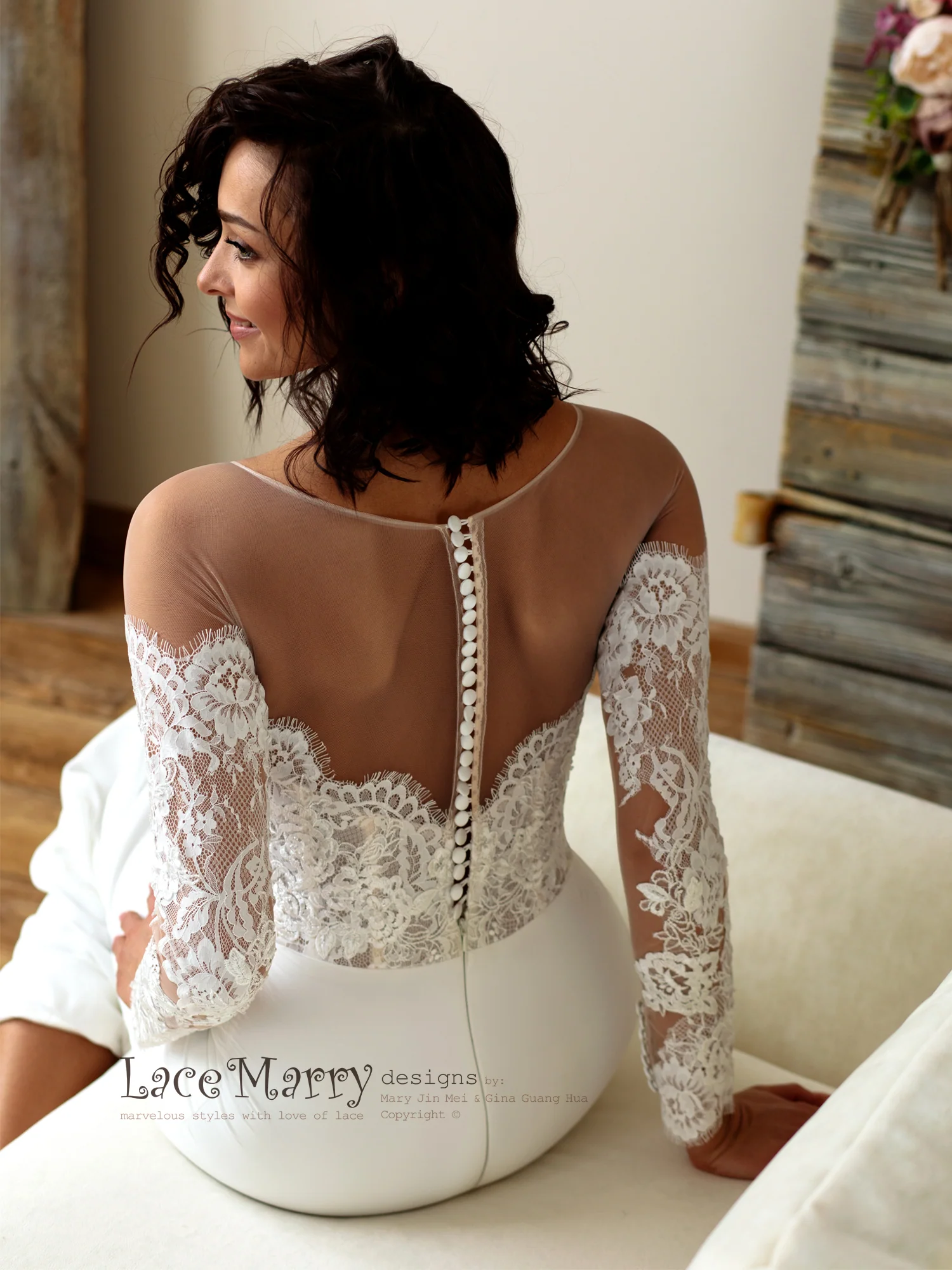 Off-Shoulder Lace Wedding Dress with Long Sleeves - Image 6