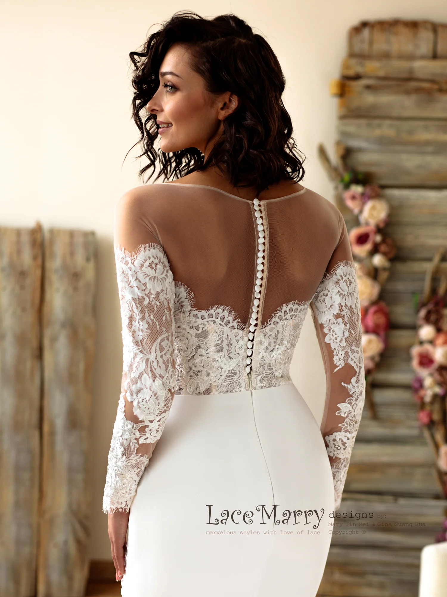 Off-Shoulder Lace Wedding Dress with Long Sleeves - Image 8