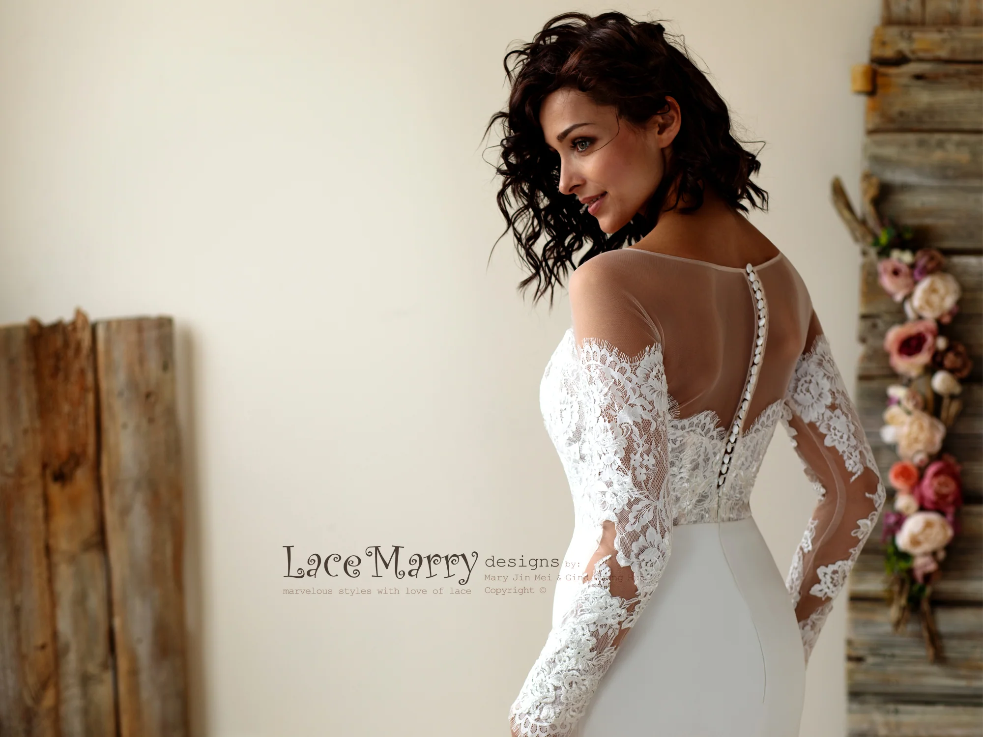 Off-Shoulder Lace Wedding Dress with Long Sleeves - Image 9