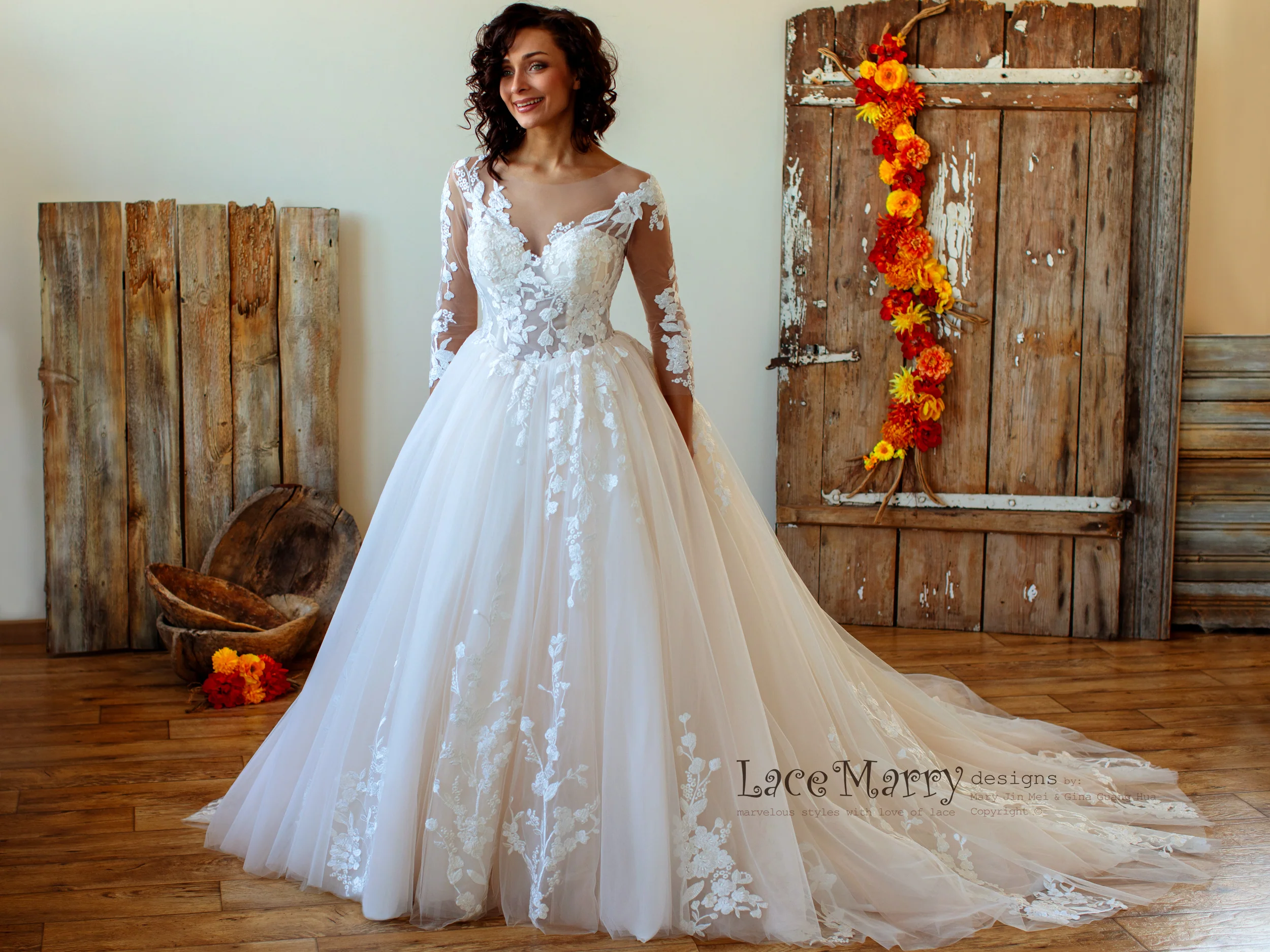 Princess Lace Wedding Dress with Sheer Long Sleeves - Image 12