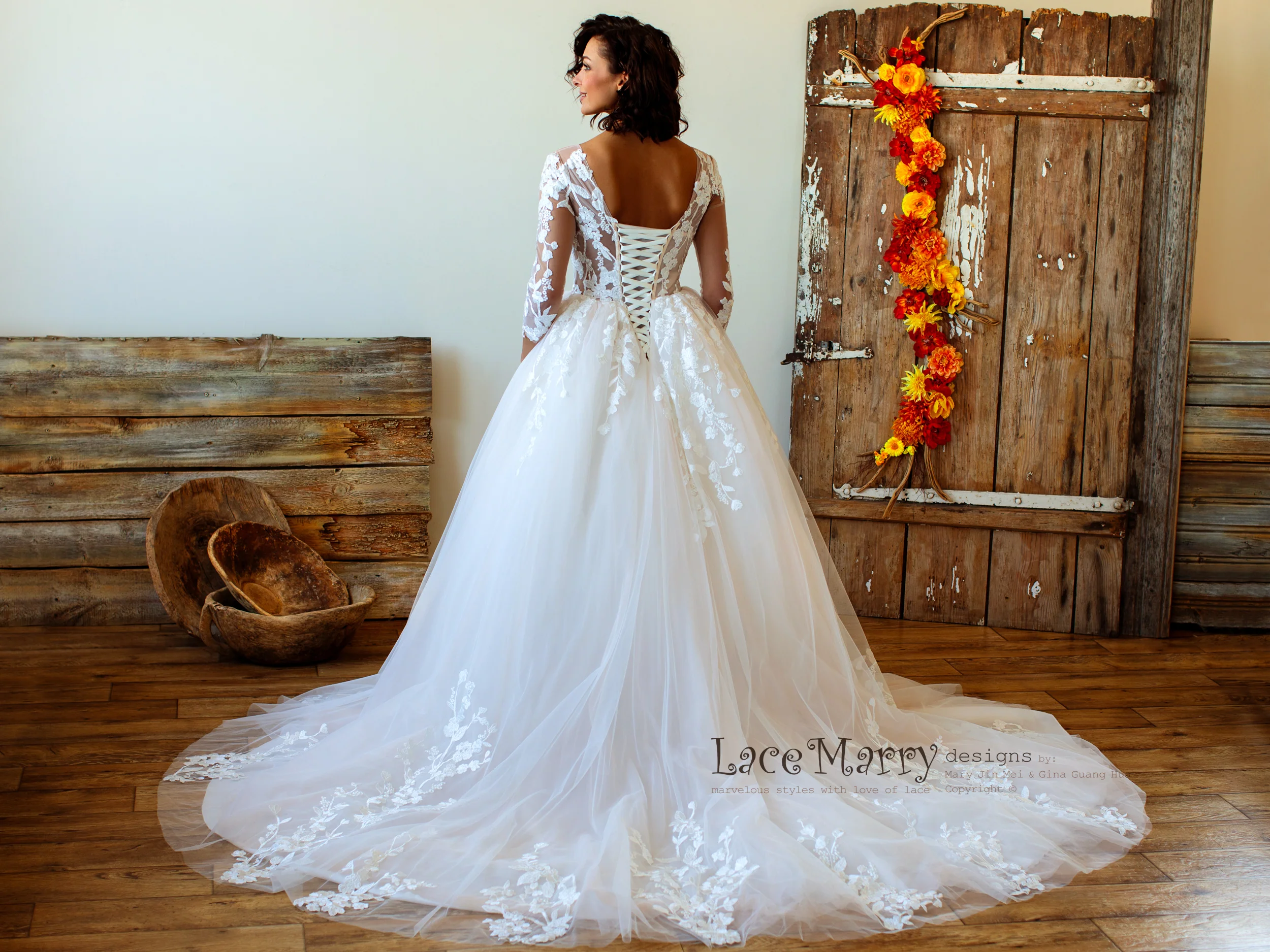 Princess Lace Wedding Dress with Sheer Long Sleeves - Image 13