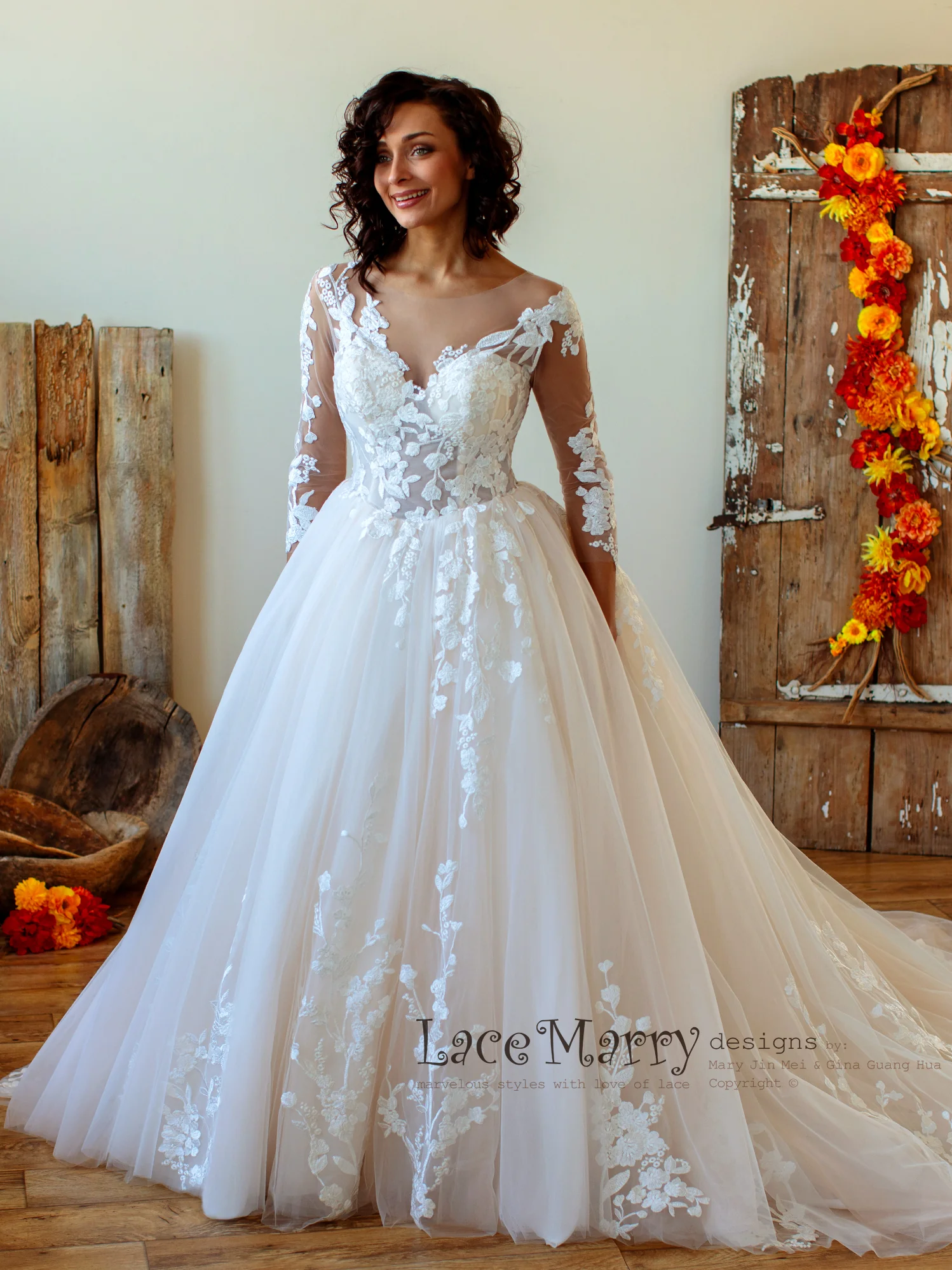 Princess Lace Wedding Dress with Sheer Long Sleeves - Image 4