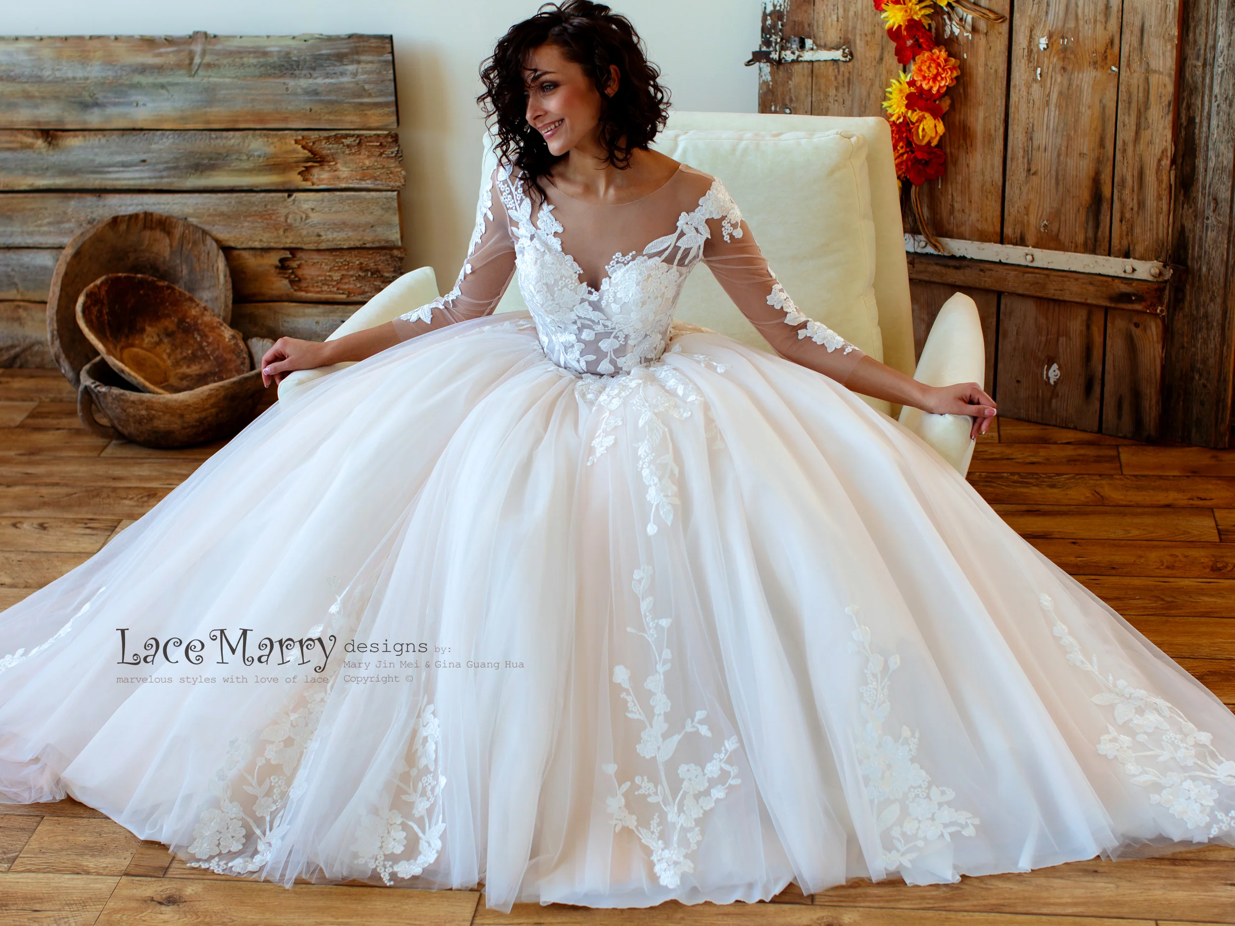 Princess Lace Wedding Dress with Sheer Long Sleeves - Image 7