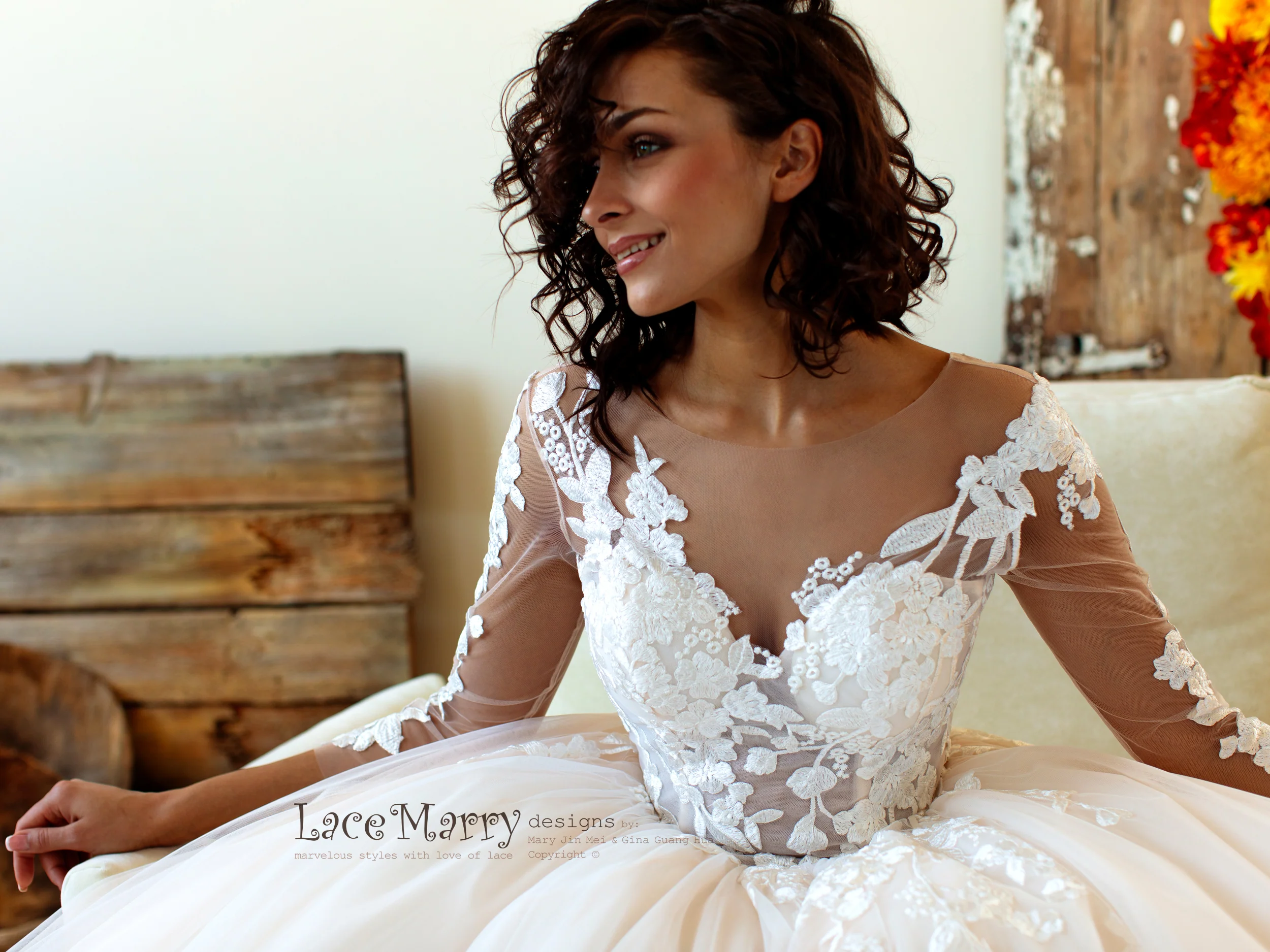 Princess Lace Wedding Dress with Sheer Long Sleeves - Image 8