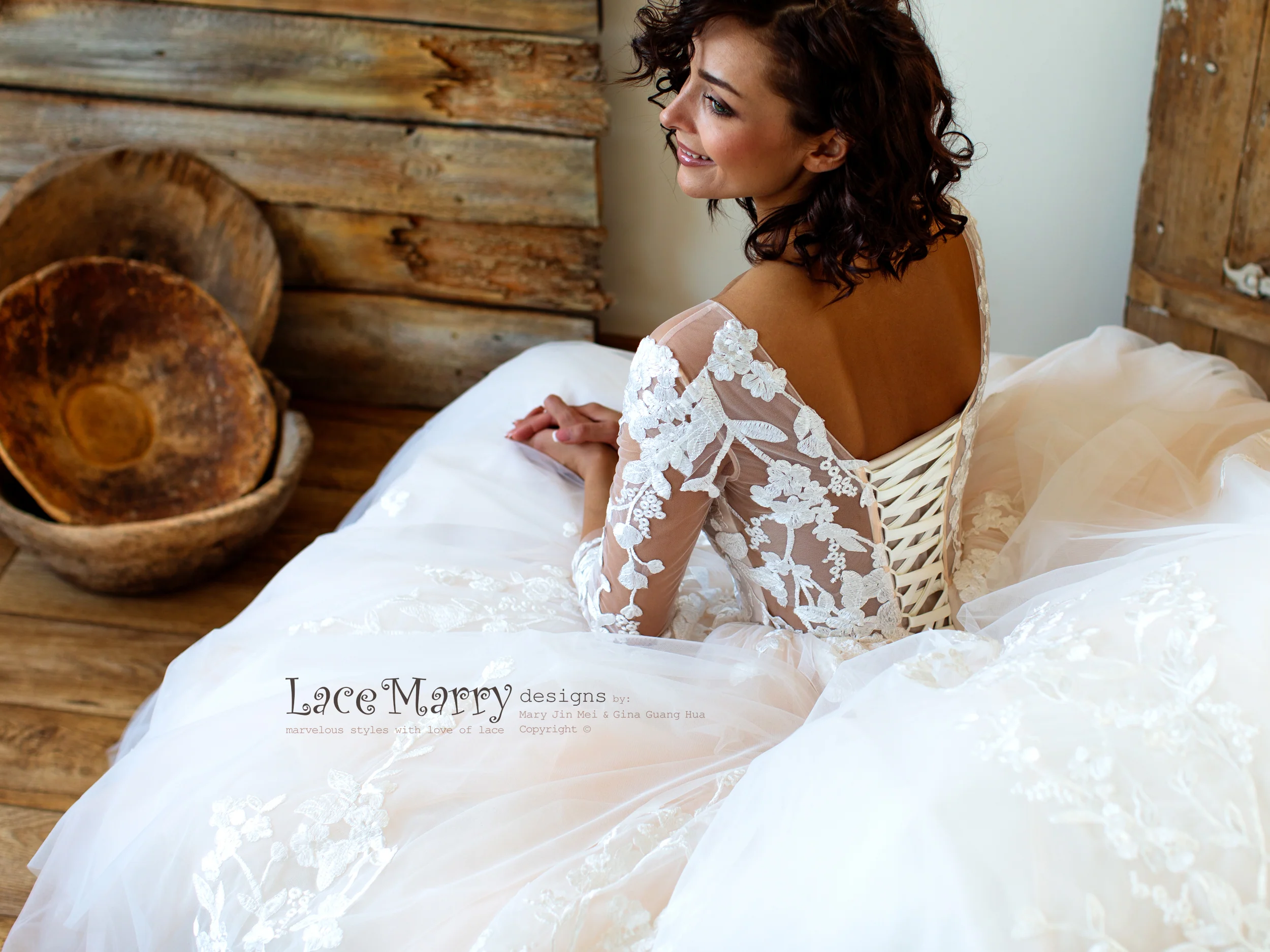 Princess Lace Wedding Dress with Sheer Long Sleeves - Image 9