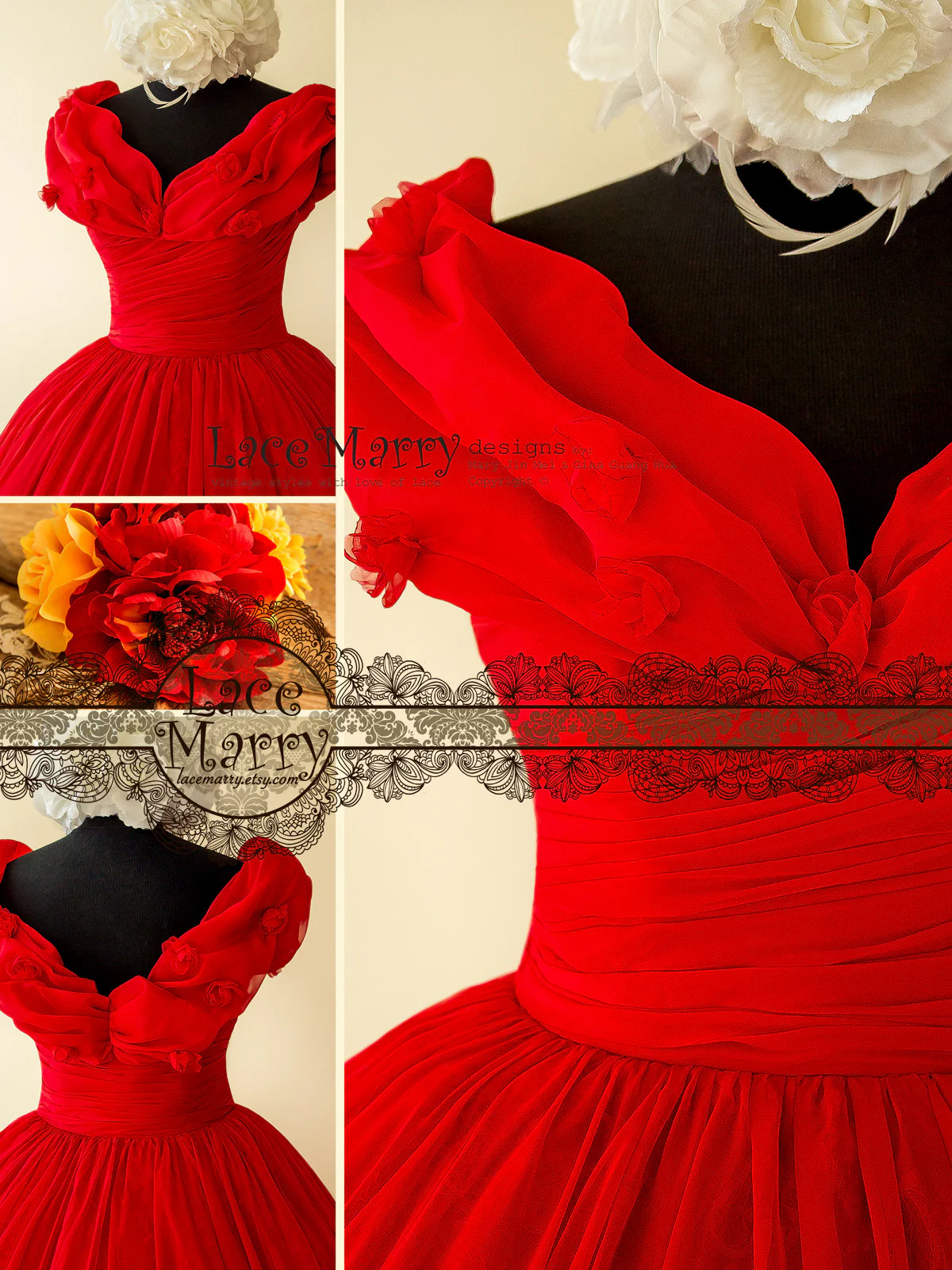 Princess Short Red Dress with Off Shoulder Organza Top - Image 3