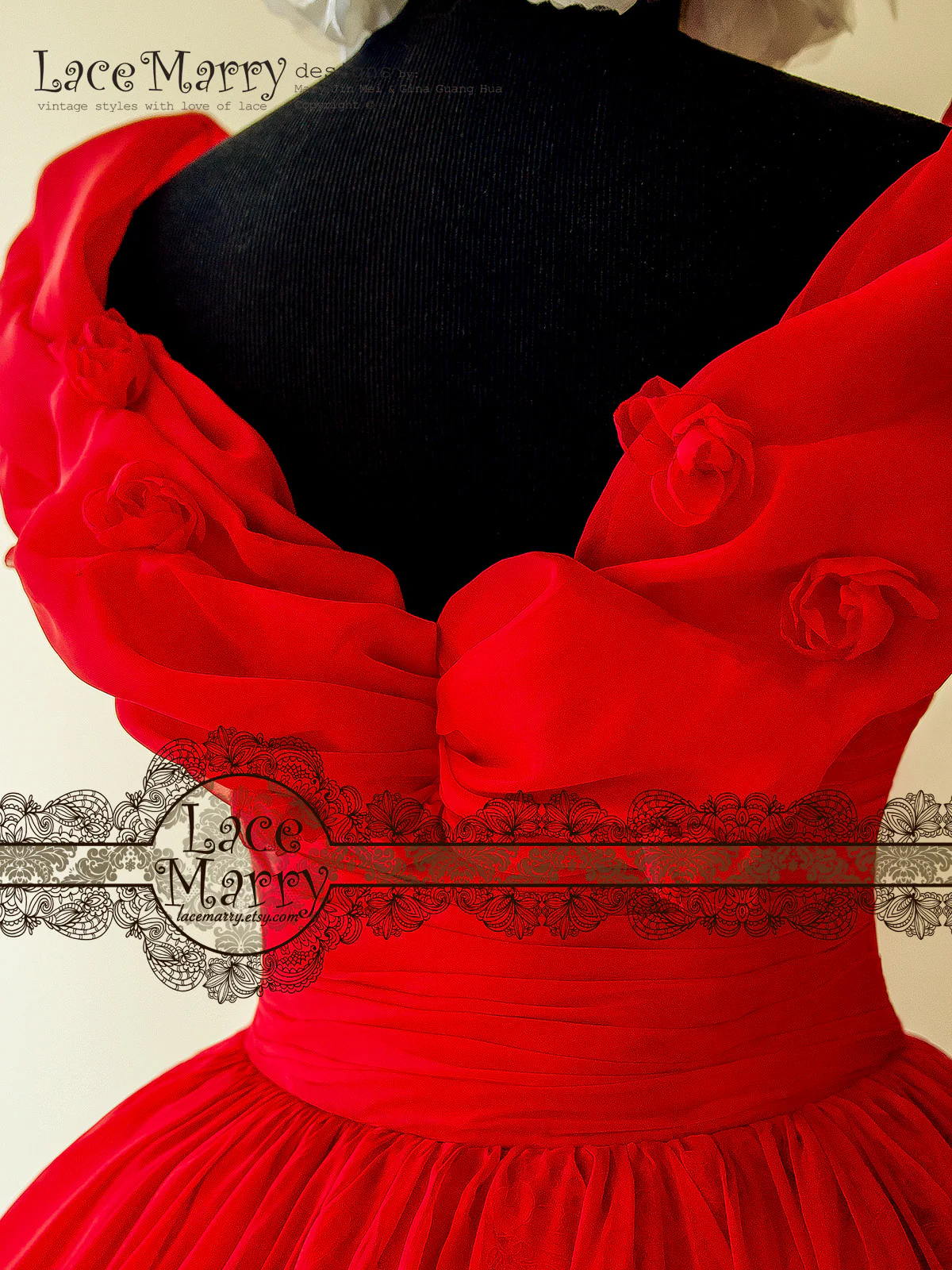 Princess Short Red Dress with Off Shoulder Organza Top - Image 4