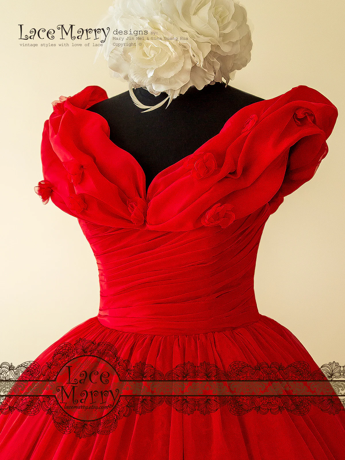 Princess Short Red Dress with Off Shoulder Organza Top - Image 5