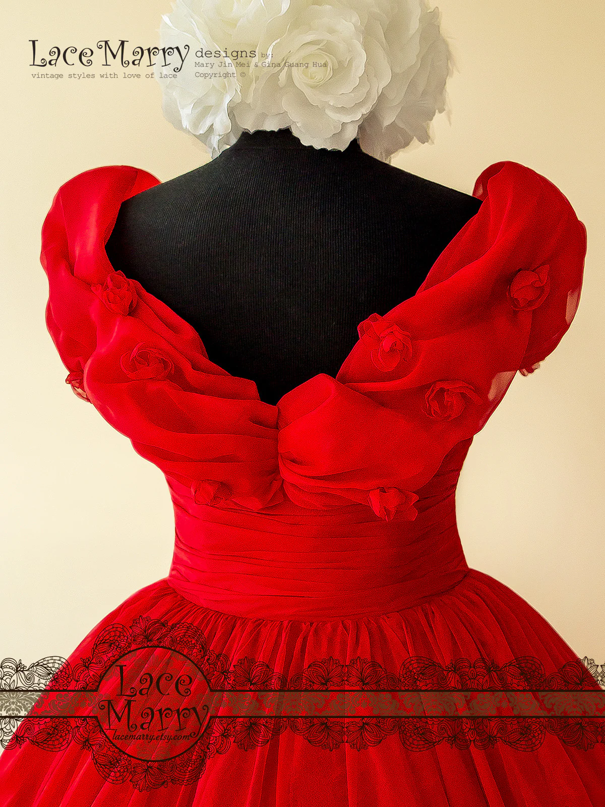 Princess Short Red Dress with Off Shoulder Organza Top - Image 6