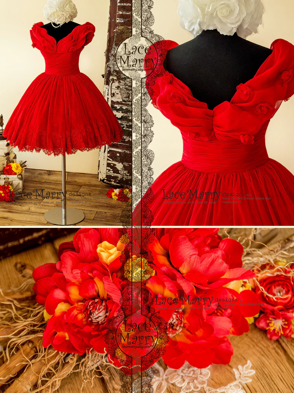 Princess Short Red Dress with Off Shoulder Organza Top - Image 9