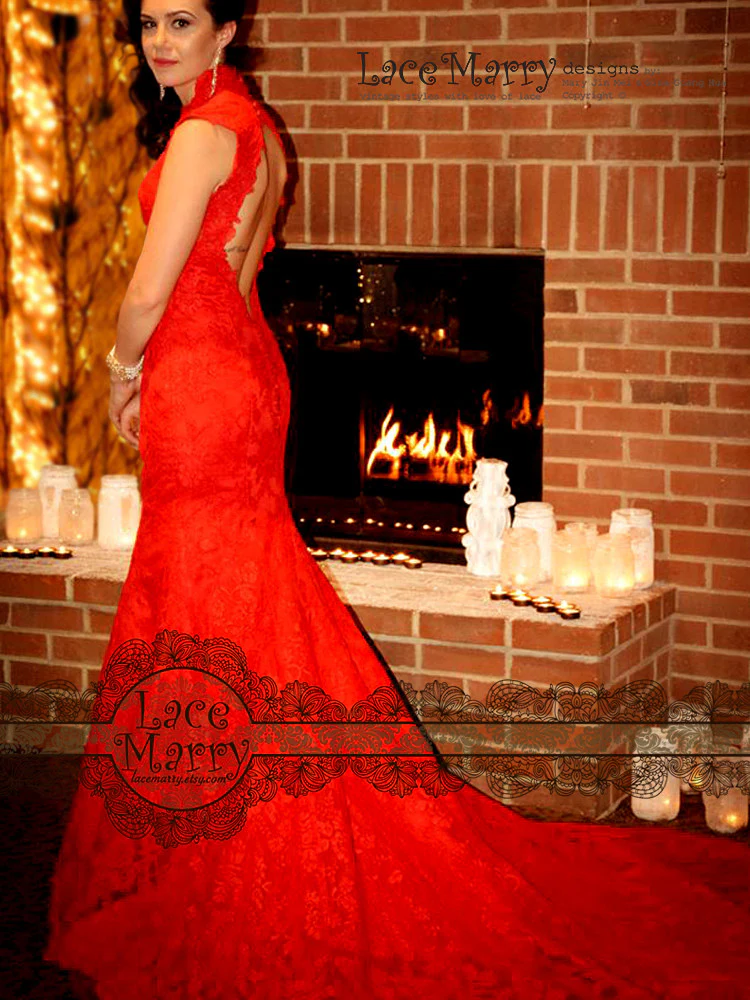 Red Lace Wedding Dress with Open Back Keyhole - Image 4