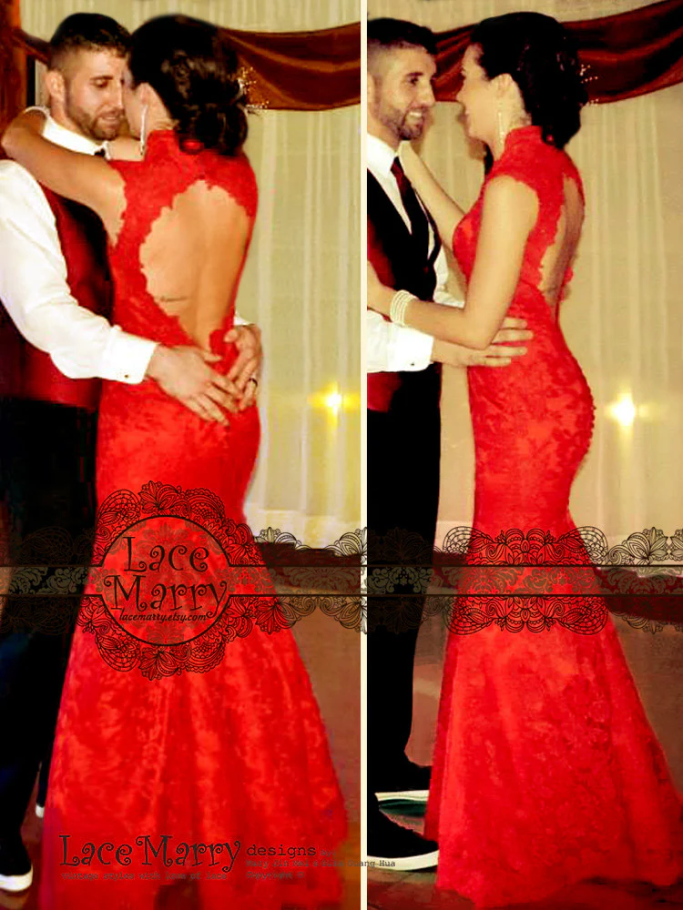 Red Lace Wedding Dress with Open Back Keyhole - Image 6