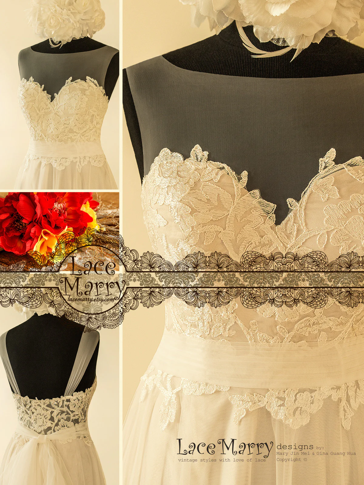 Romantic Sheer Neckline Boho Wedding Dress - Image 3