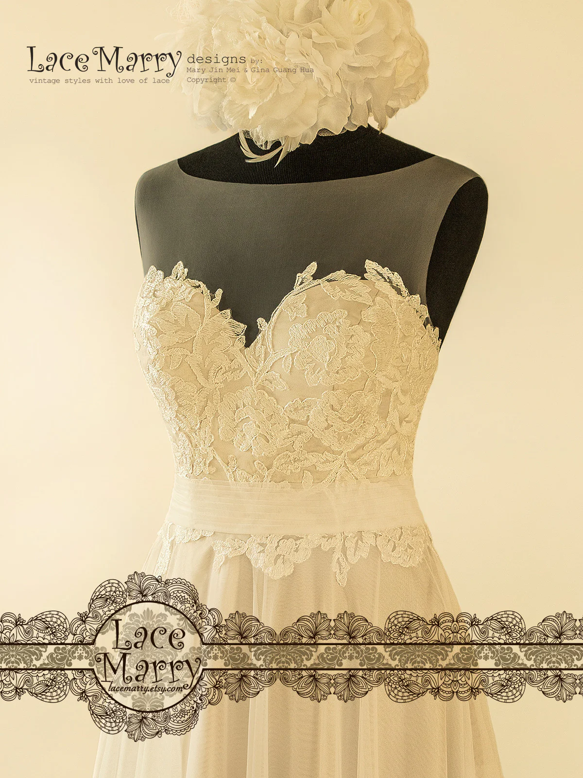 Romantic Sheer Neckline Boho Wedding Dress - Image 4