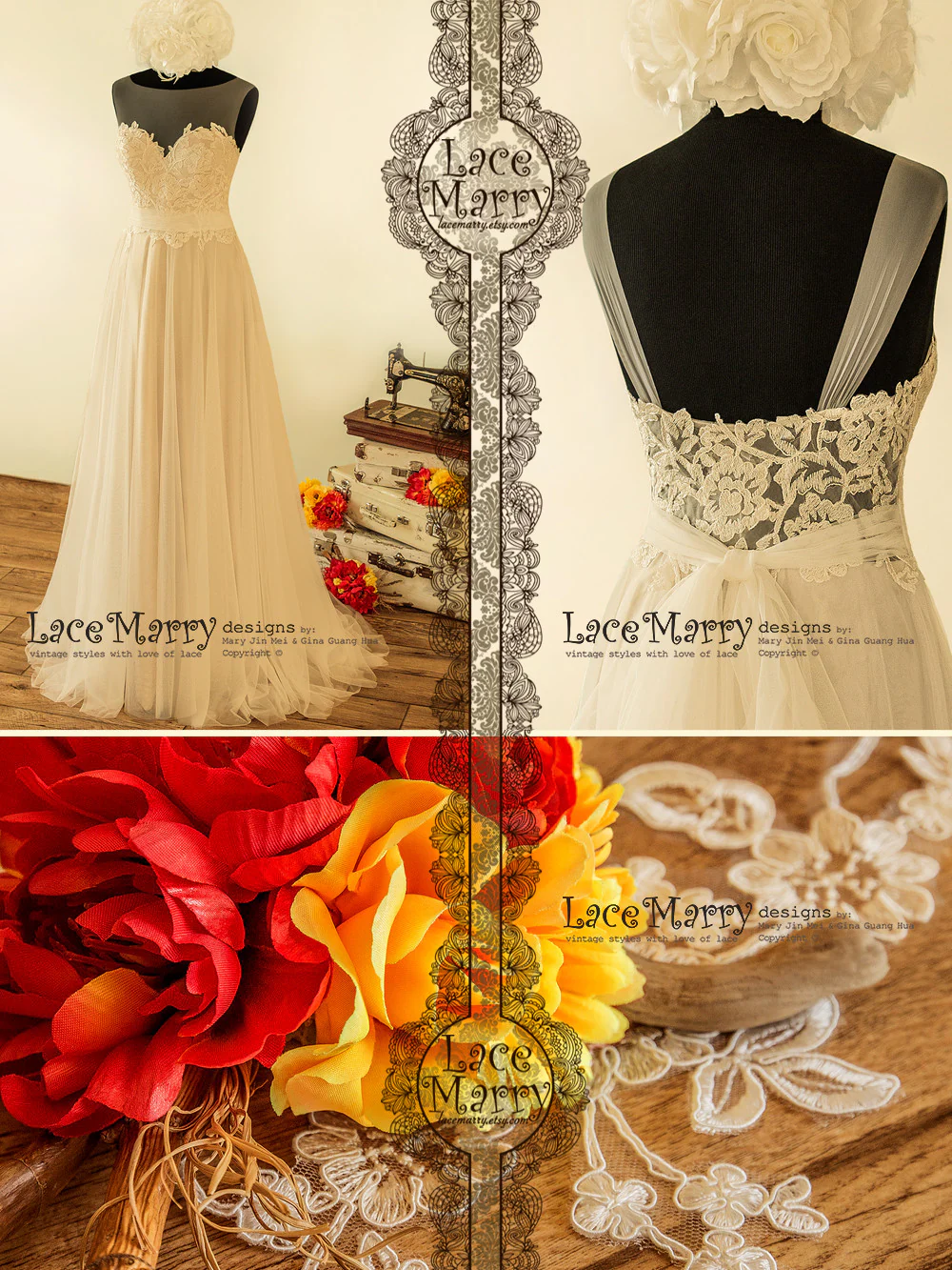 Romantic Sheer Neckline Boho Wedding Dress - Image 9