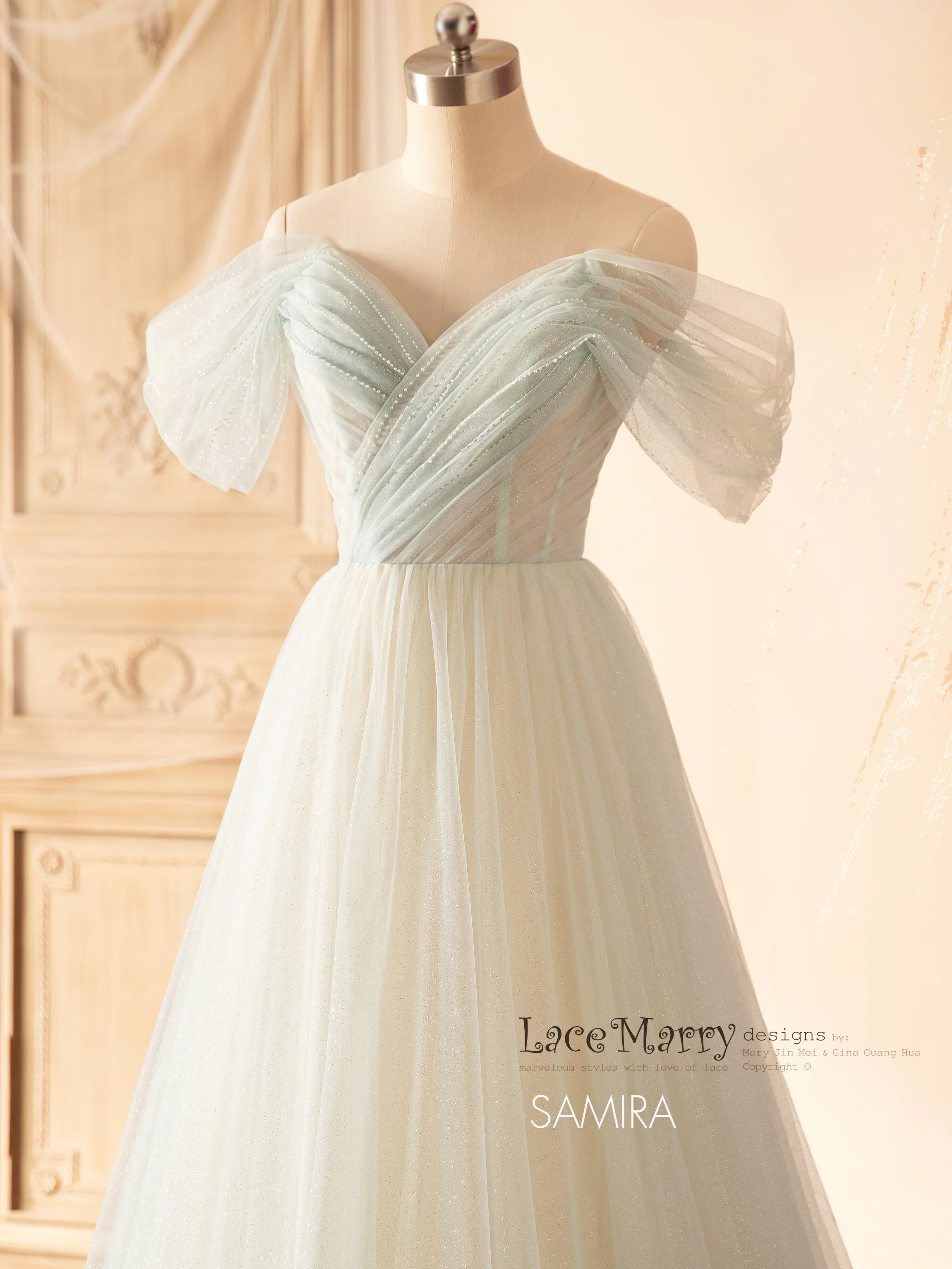 SAMIRA / Light Green Wedding Dress with Off Shoulder Straps - Image 3