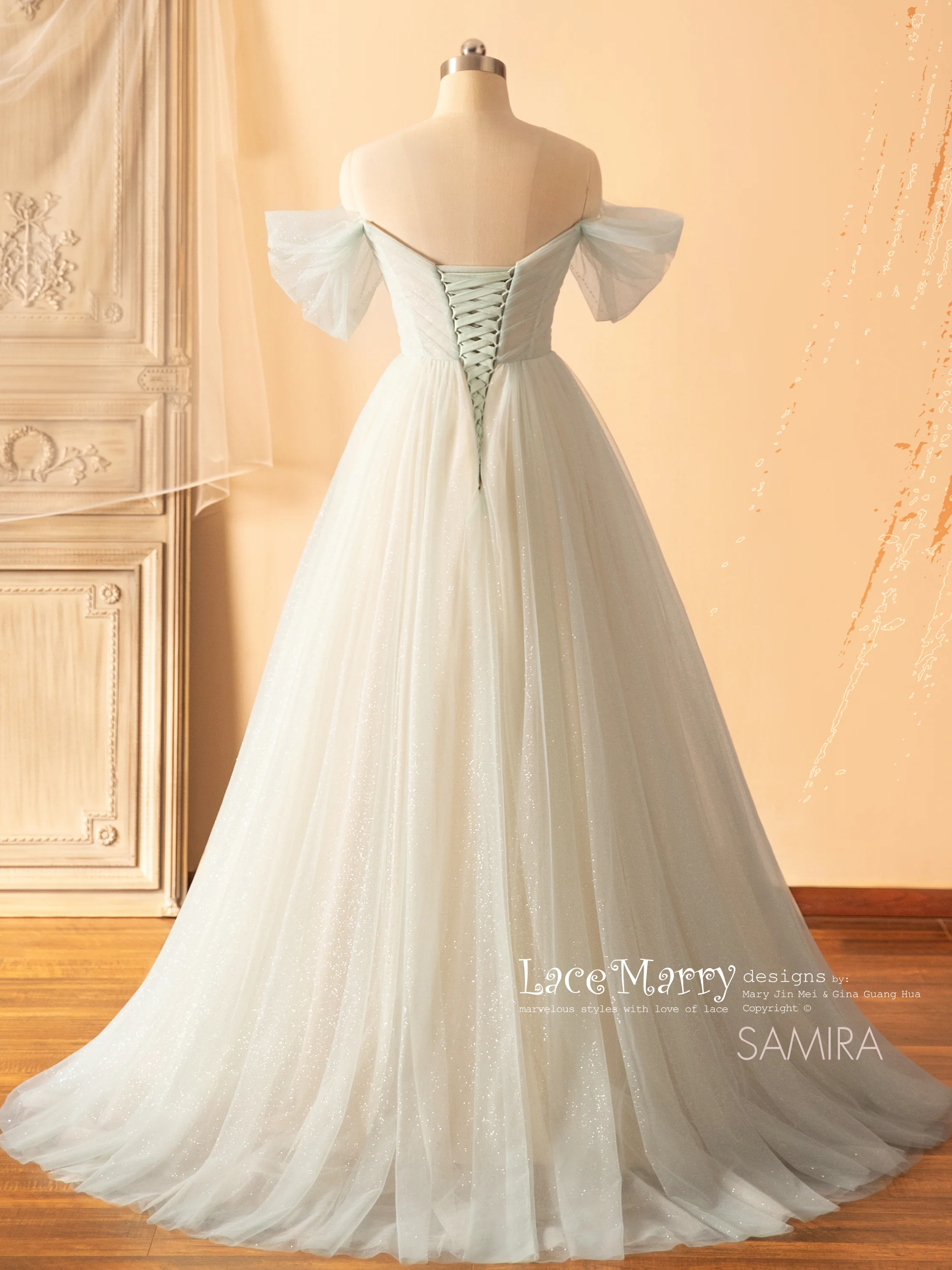 SAMIRA / Light Green Wedding Dress with Off Shoulder Straps - Image 4