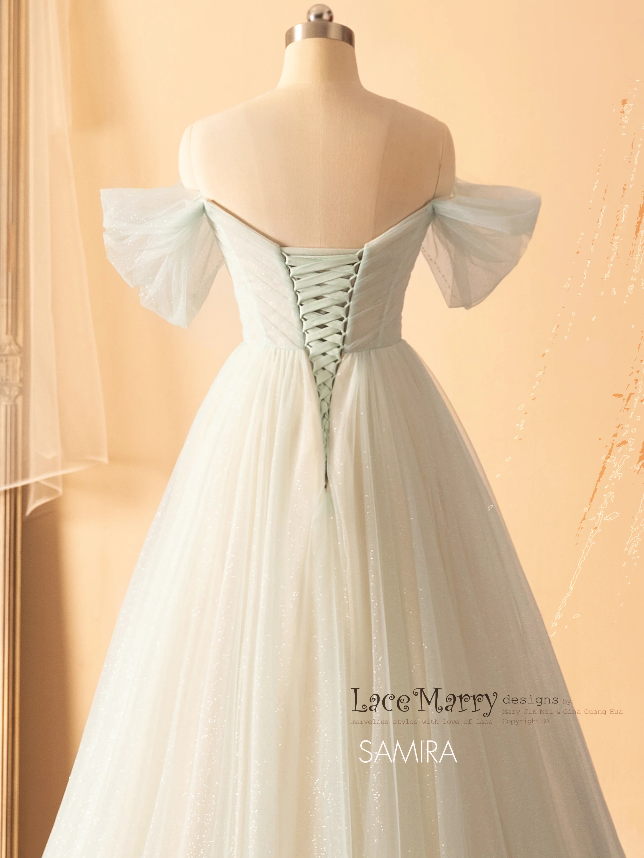 SAMIRA / Light Green Wedding Dress with Off Shoulder Straps - Image 6