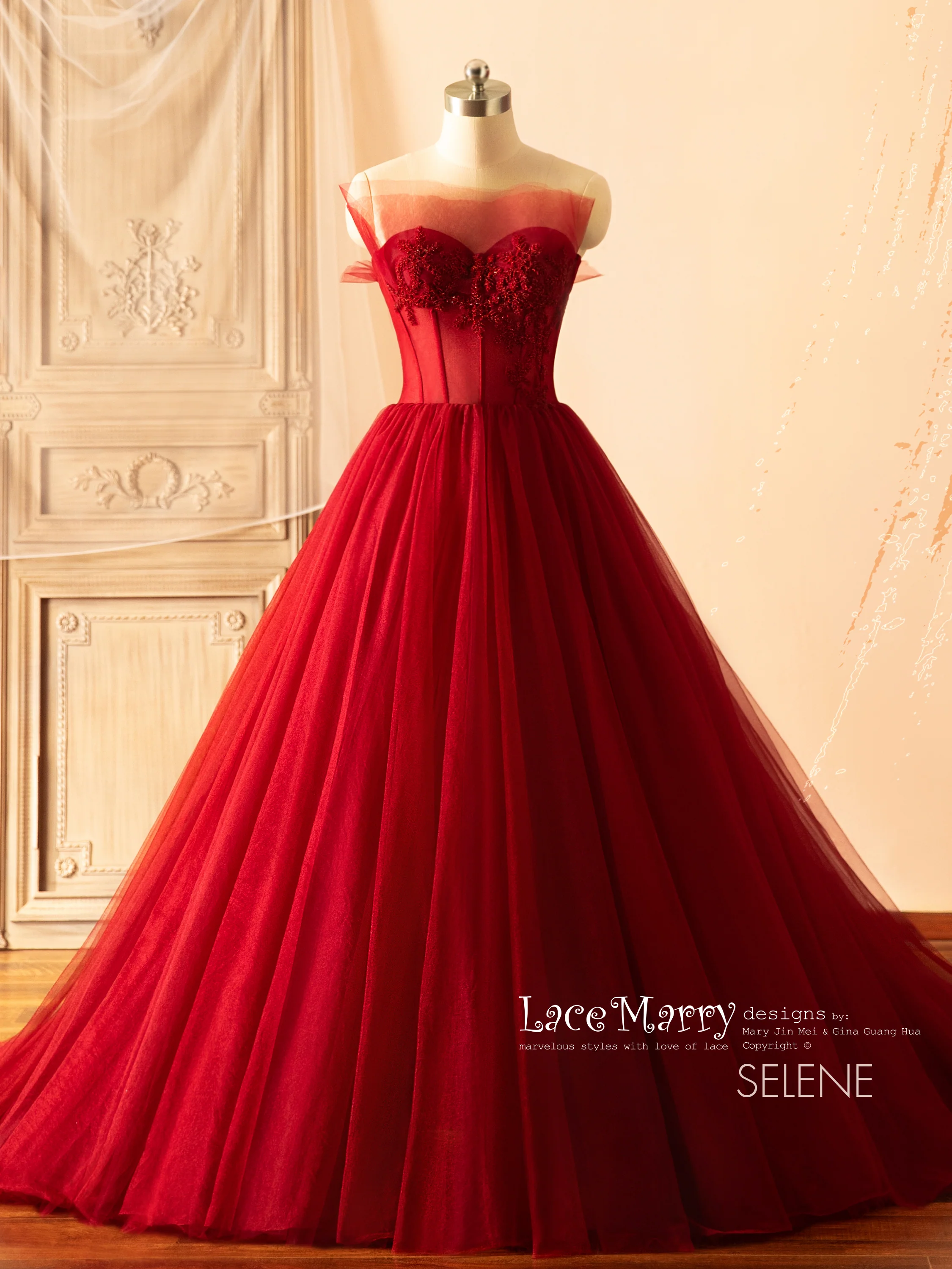 SELENE / A Line Red Wedding Dress with Beaded Sparkling Bodice - Image 3