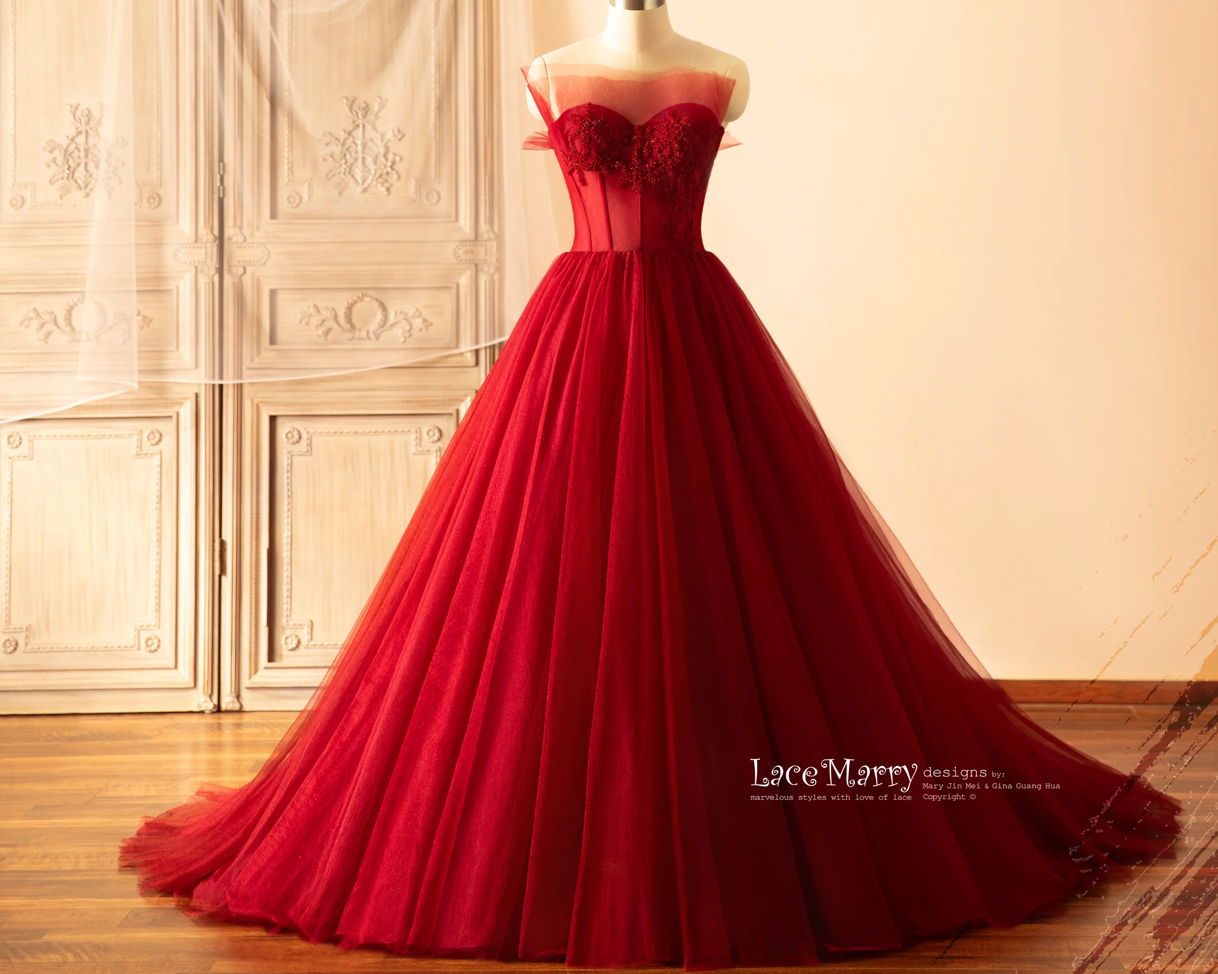 SELENE / A Line Red Wedding Dress with Beaded Sparkling Bodice - Image 6