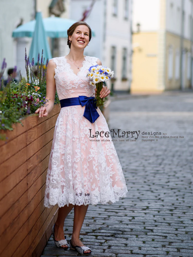 Short Blush Wedding Dress from Alencon Lace - Image 3