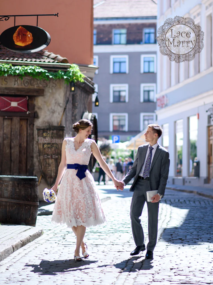 Short Blush Wedding Dress from Alencon Lace - Image 4