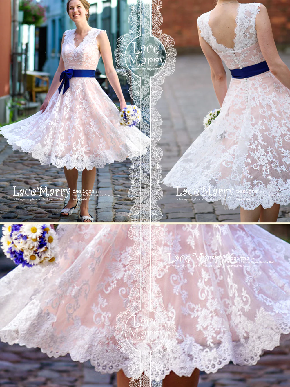 Short Blush Wedding Dress from Alencon Lace - Image 5