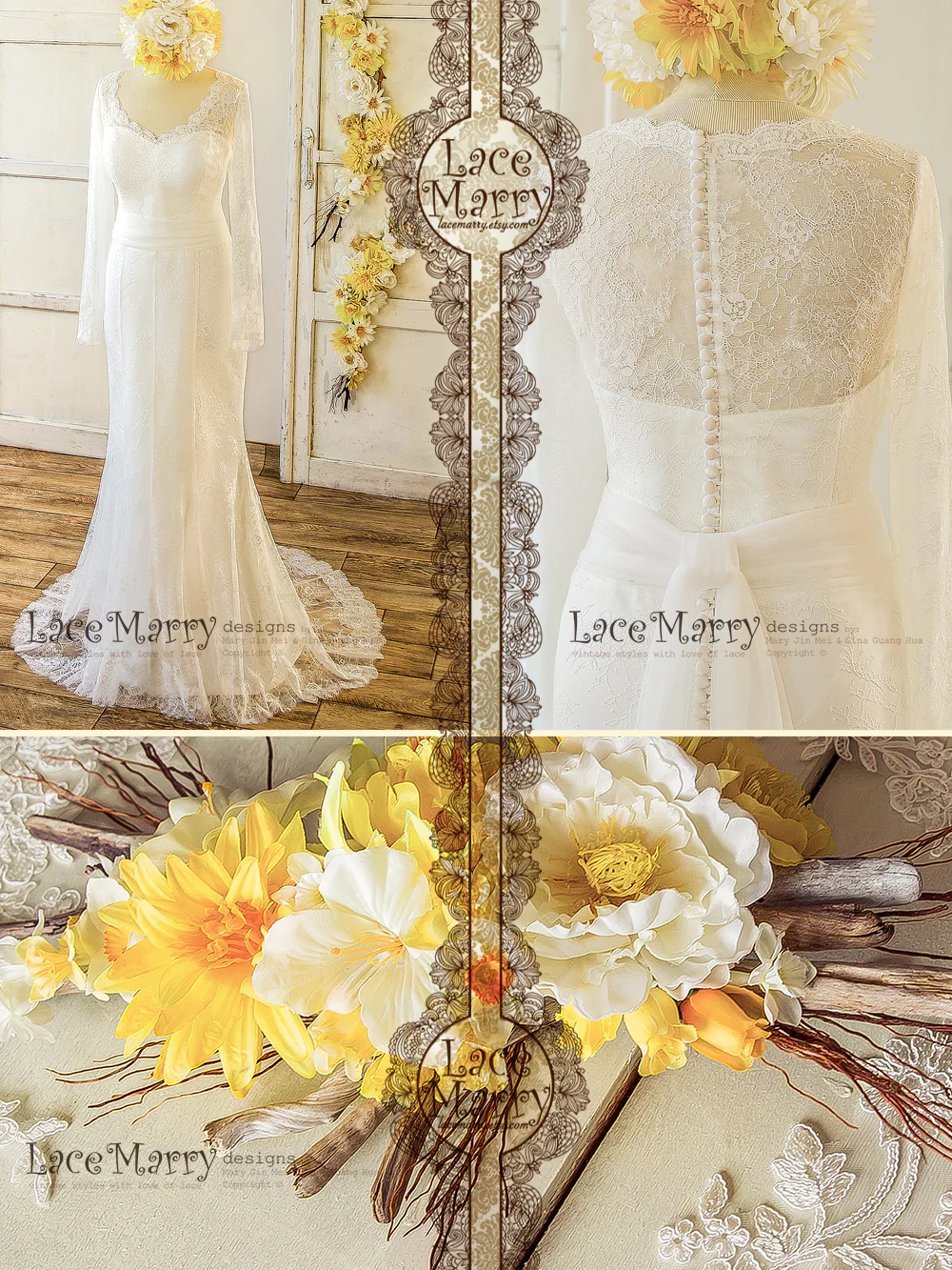 French Lace Wedding Dress with Long Sleeves - Image 10