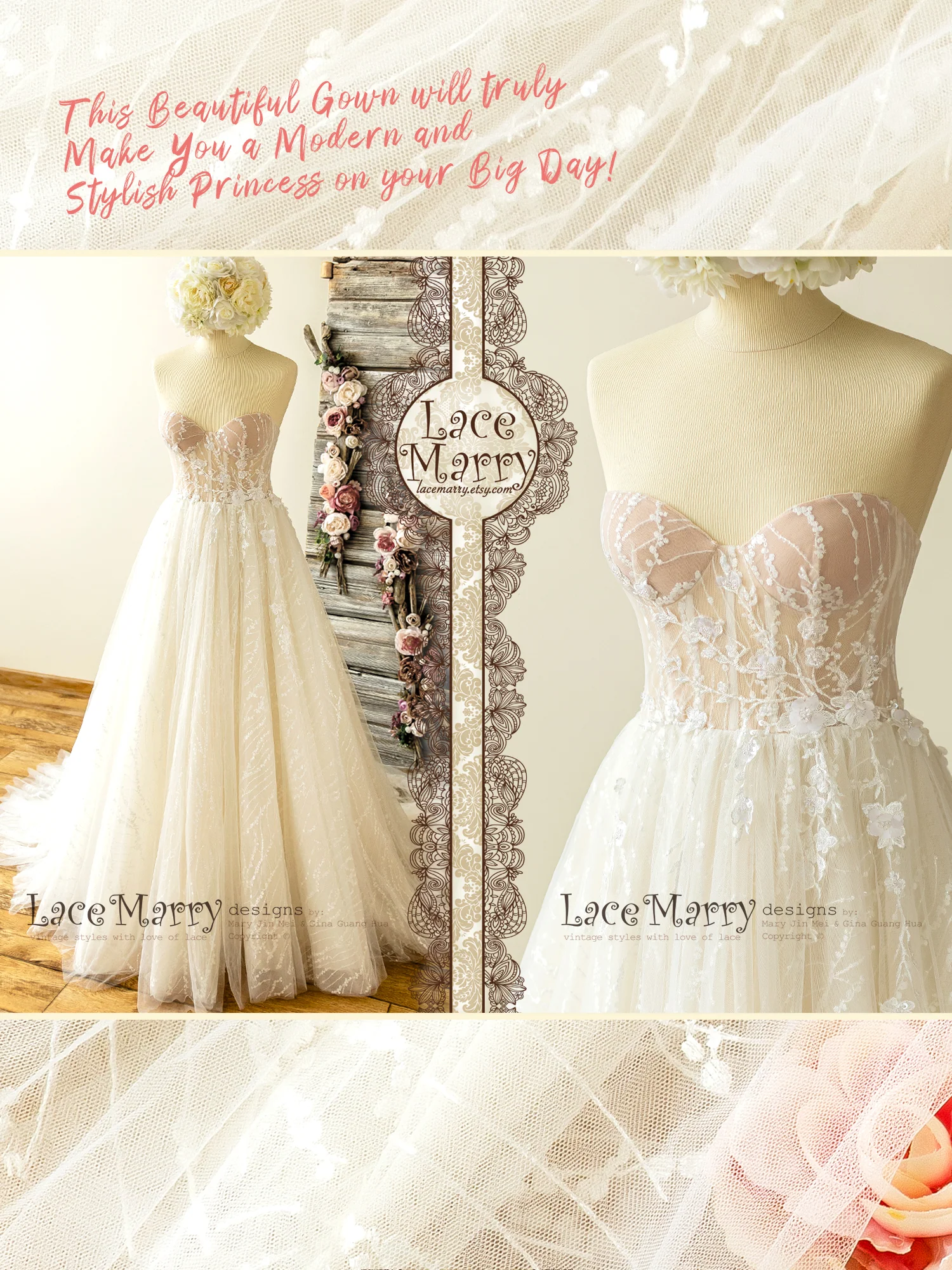 Sparkly Lace Wedding Dress with Strapless Bustier Neckline - Image 10