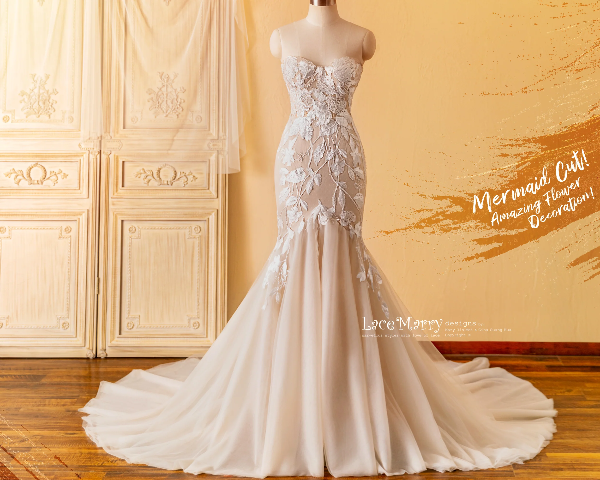 SUDE / Mermaid Strapless Wedding Dress with Amazing Flower Appliques - Image 6
