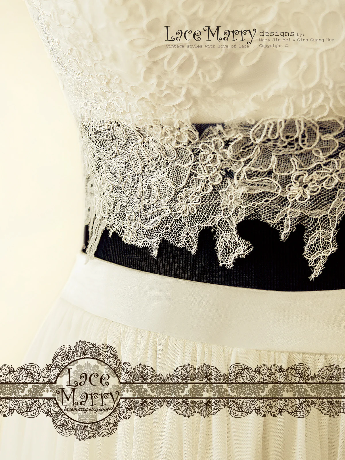 Two Piece Wedding Dress, Sheer Lace Crop Top with Bustier - Image 4