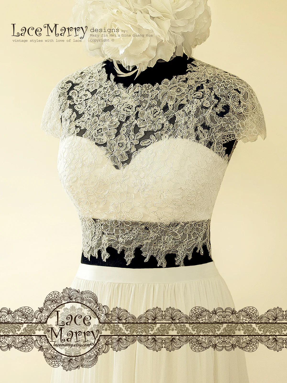 Two Piece Wedding Dress, Sheer Lace Crop Top with Bustier - Image 5