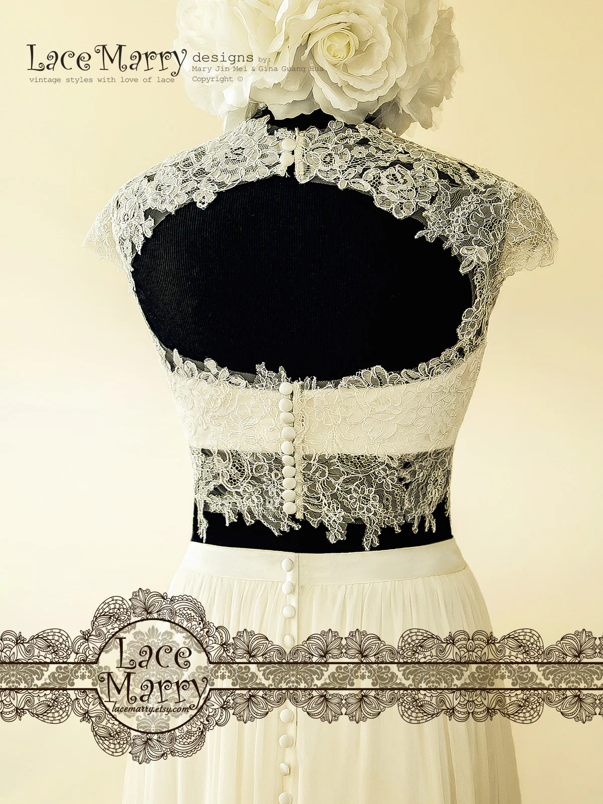 Two Piece Wedding Dress, Sheer Lace Crop Top with Bustier - Image 6