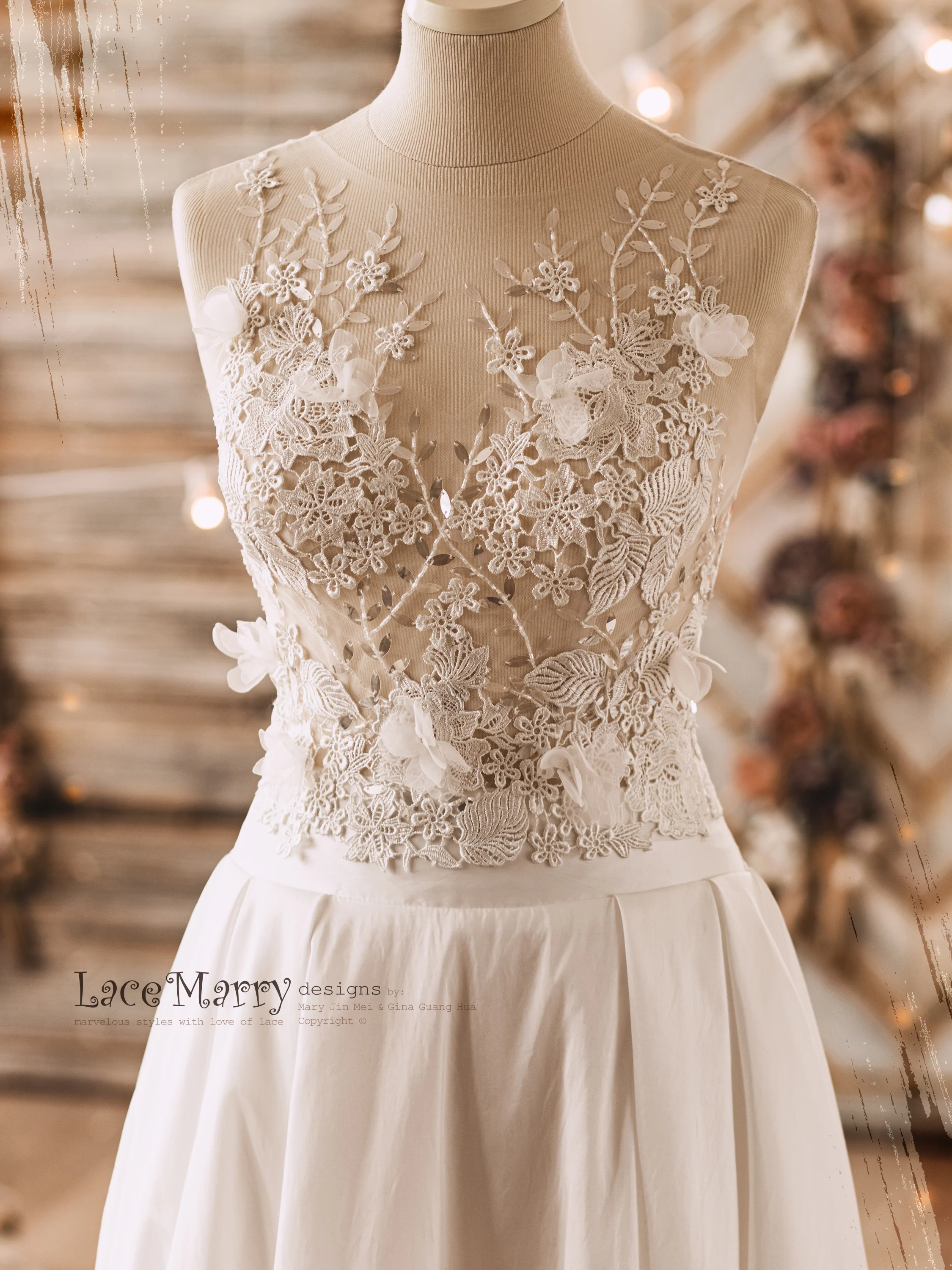 NORAH / Two Piece Wedding Dress Set from Lightly Beaded Transparent Crop Top - Image 3