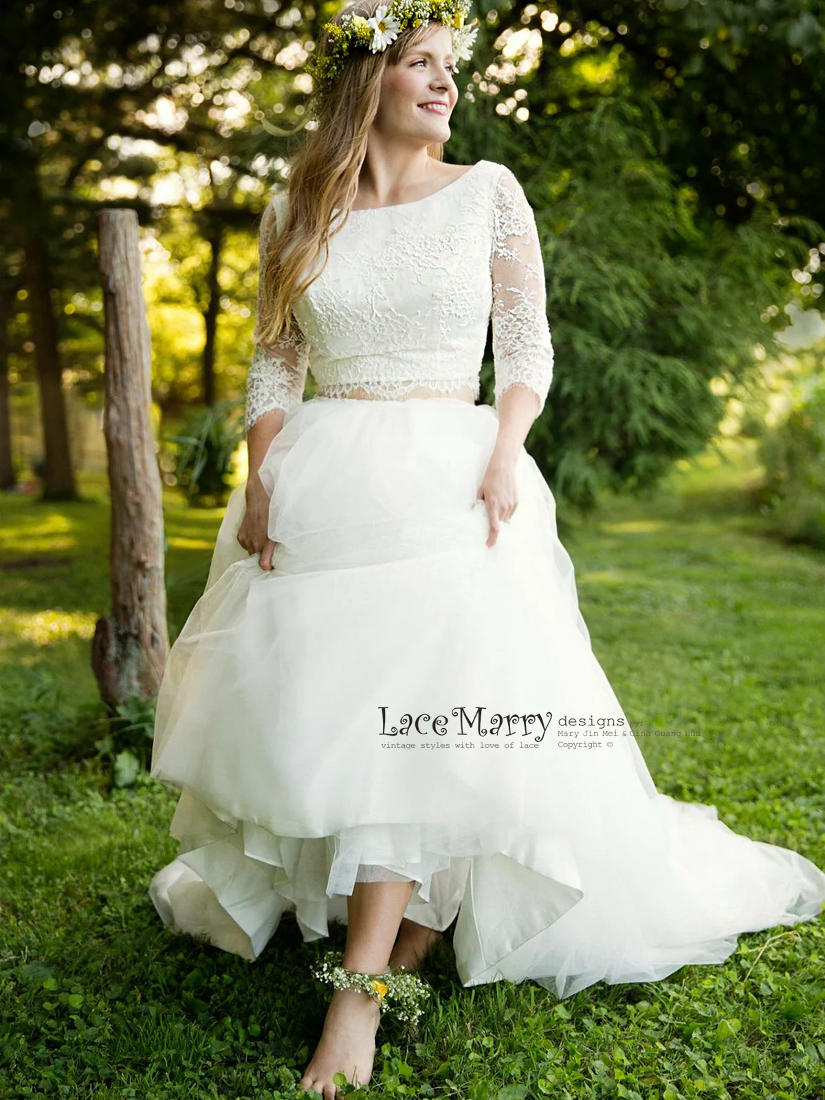 Two Piece Wedding Dress Set, Lace Crop Top with Round Neckline - Image 5