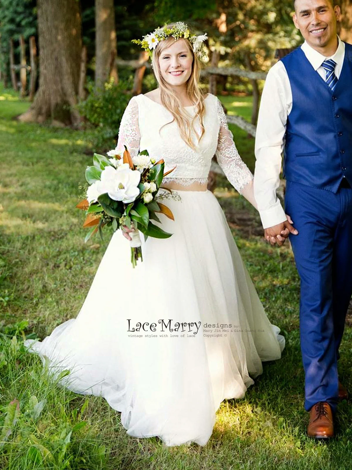 Two Piece Wedding Dress Set, Lace Crop Top with Round Neckline - Image 6