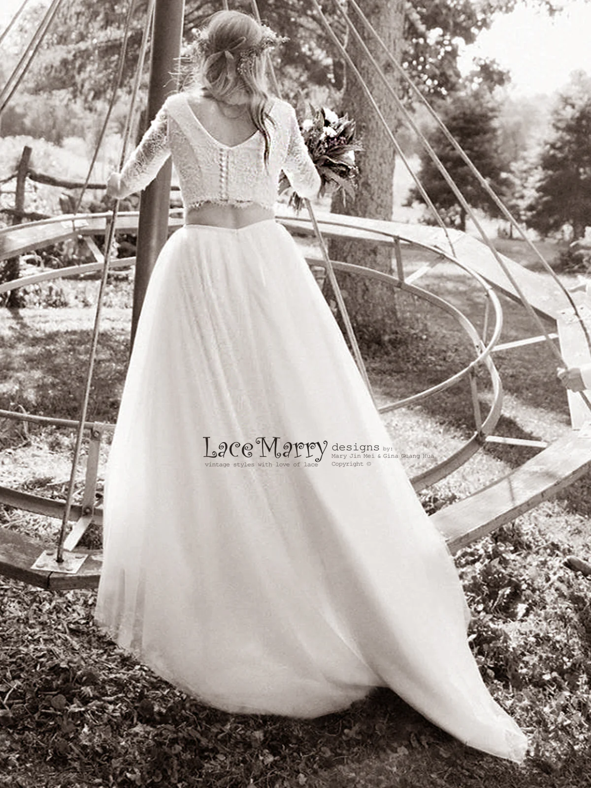 Two Piece Wedding Dress Set, Lace Crop Top with Round Neckline - Image 7