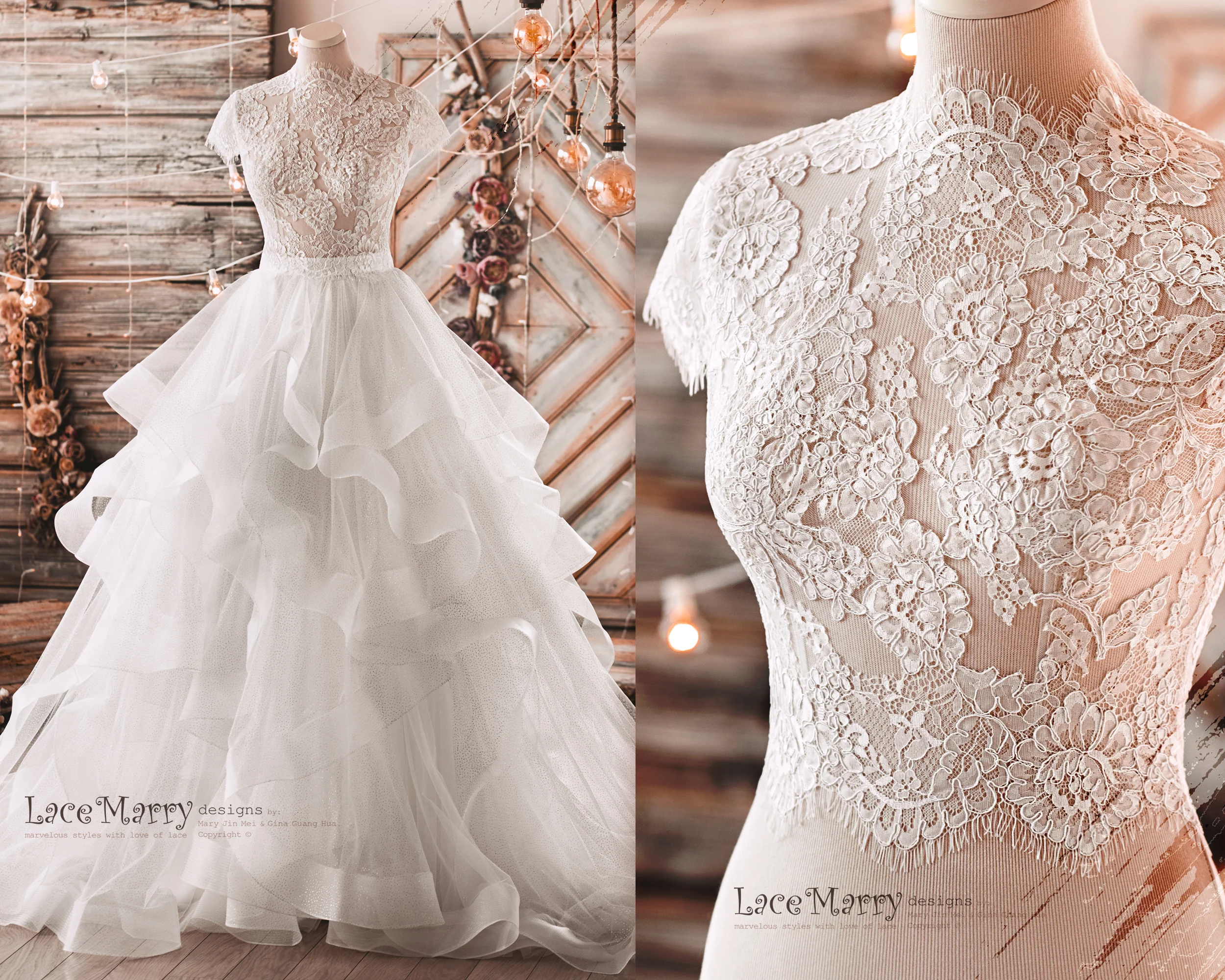 Wedding Dress with Multi Layer A Line Skirt and Lace Top - Image 19