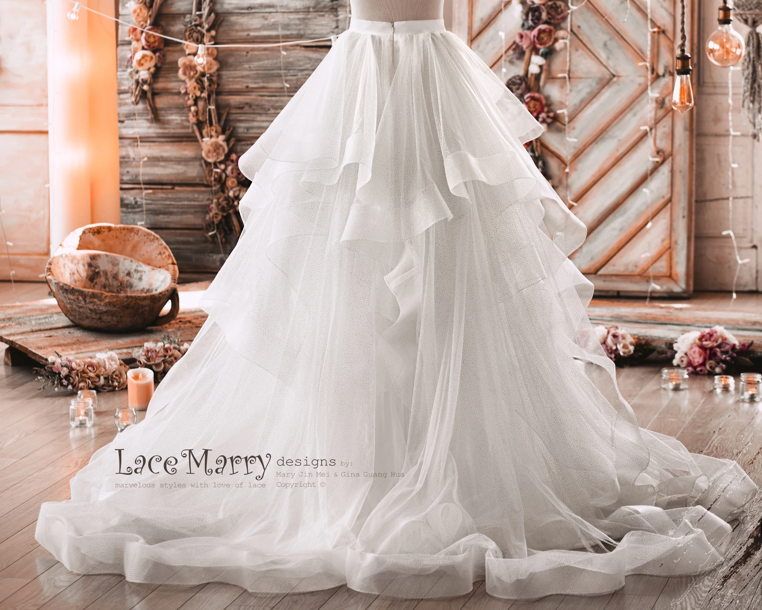 Wedding Dress with Multi Layer A Line Skirt and Lace Top - Image 21