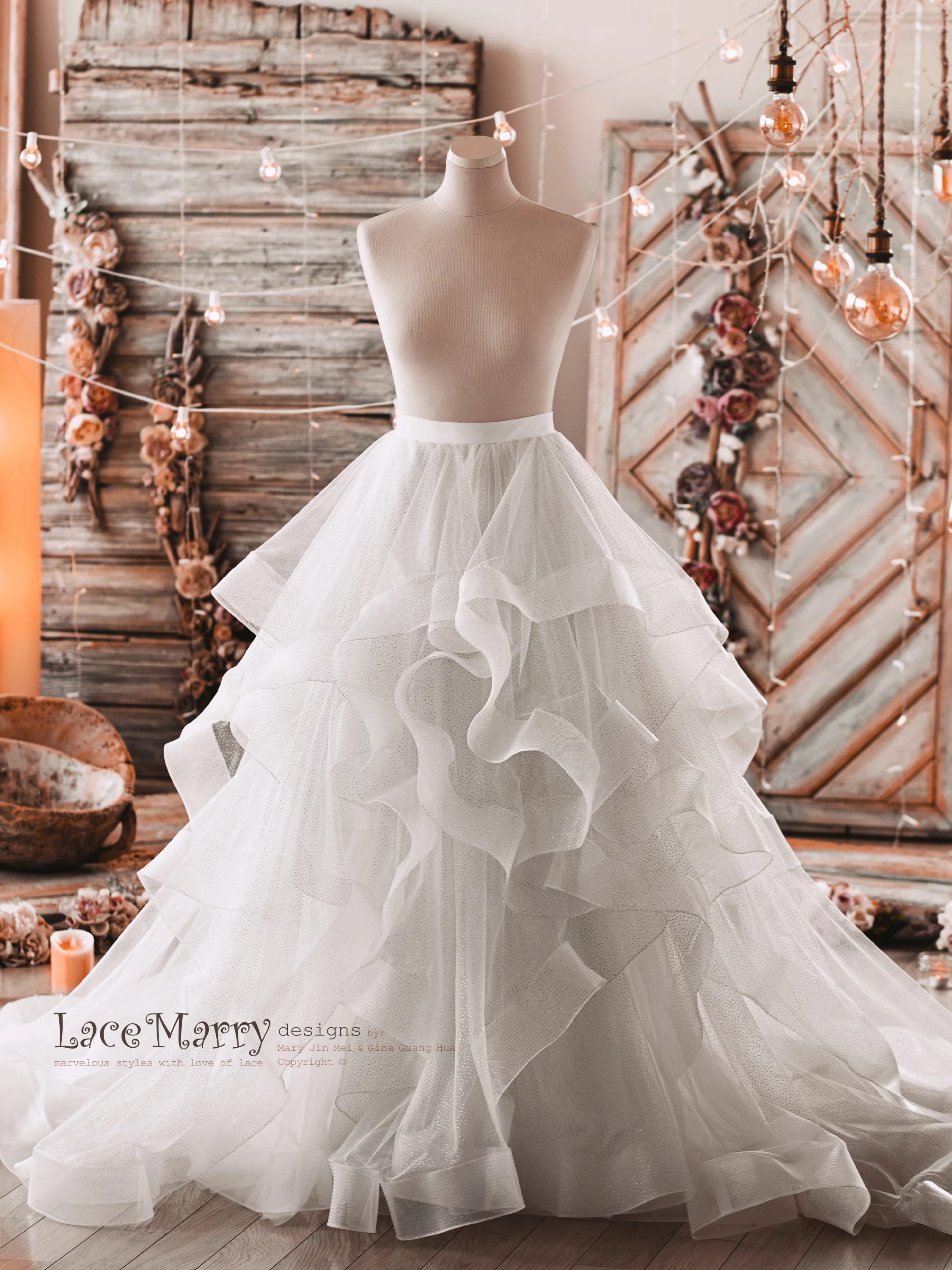 Wedding Dress with Multi Layer A Line Skirt and Lace Top - Image 4