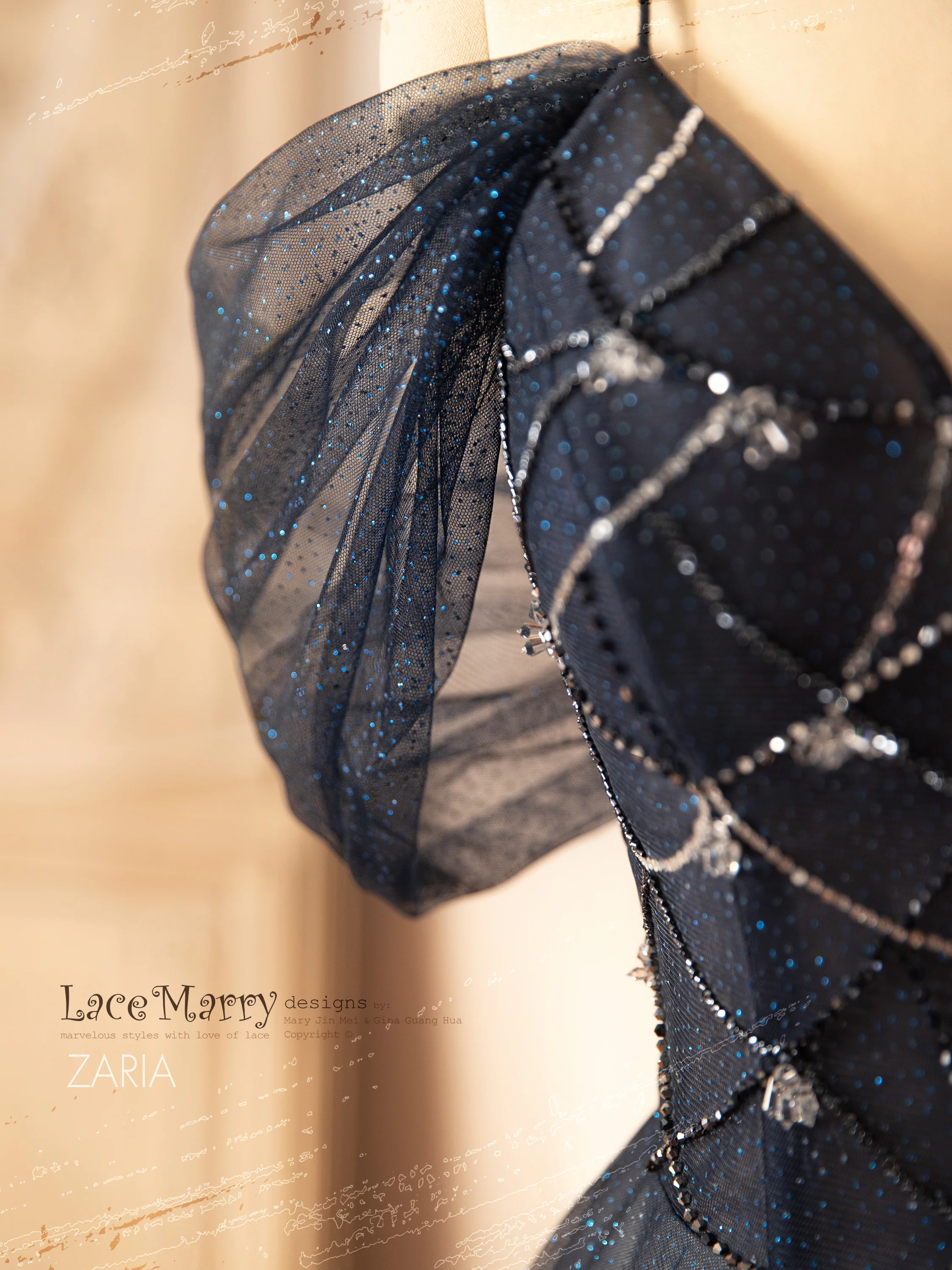 ZARIA / A Line Sparkling Navy Blue Wedding Dress with Deep Plunge Neckline - Image 4