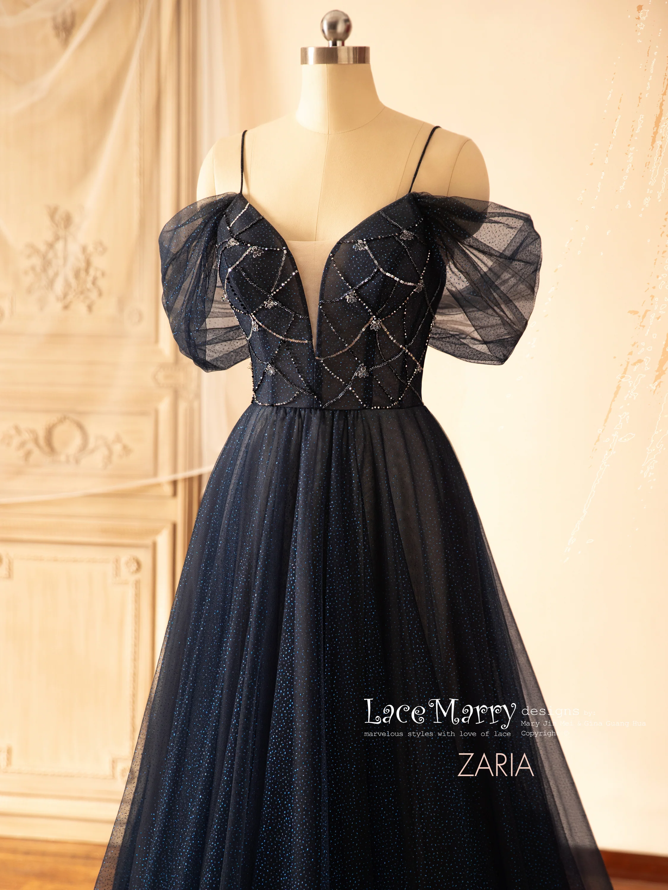 ZARIA / A Line Sparkling Navy Blue Wedding Dress with Deep Plunge Neckline - Image 6